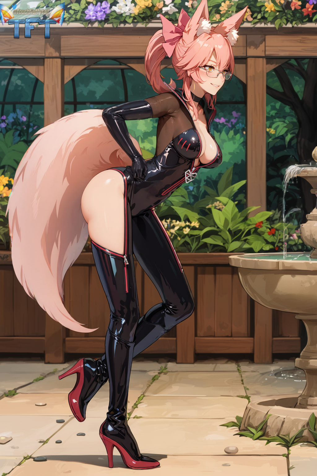 1girls ai_generated animal_ears bodysuit choker fangs fate/grand_order fate_(series) female fox_ears fox_girl fox_humanoid fox_tail fringe glasses koyanskaya koyanskaya_(assassin) koyanskaya_(assassin_first_ascension) koyanskaya_(fate) latex light-skinned_female petite pink_hair ponytail slim smile tamamo_no_mae_(fate) teenager touchfluffytails yellow_eyes