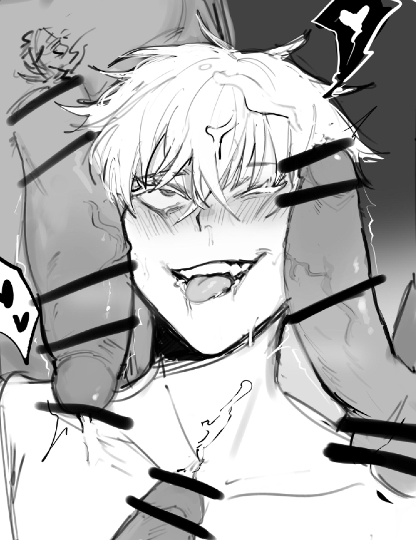 bar censor, censor bar, censored, censored penis, drooling, erection, gangbang, gay, jujutsu kaisen, male, male only, multiple penises, penis, penis on face, saliva, satoru gojo, veiny penis, yaoi