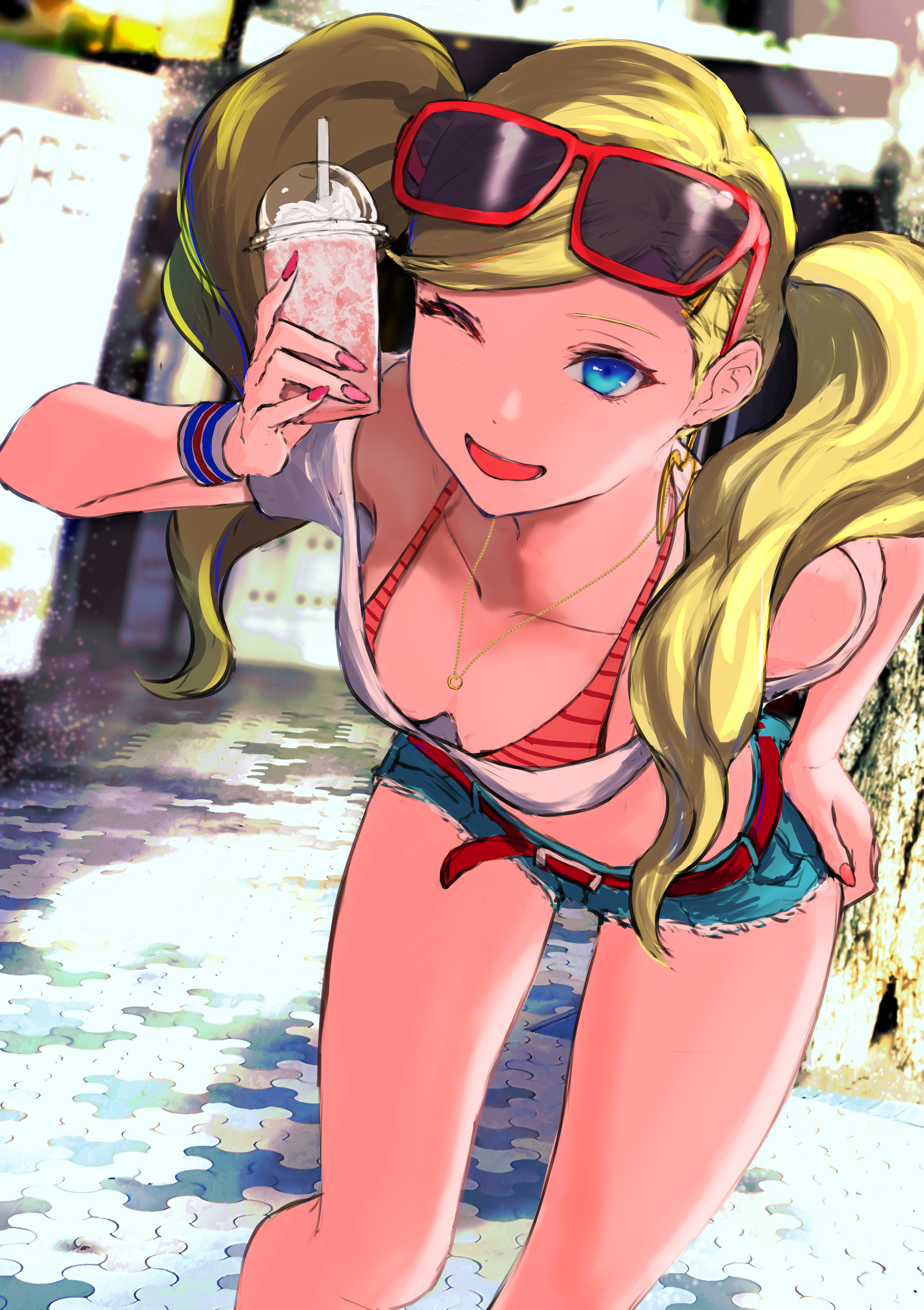 1girls, ann takamaki, ann takamaki (strikers casual), belt, blonde hair, blue eyes, bra, breasts, cleavage, denim, denim shorts, drink, earrings, female, hand on hip, holding drink, large breasts, looking at viewer, midriff, necklace, painted fingernails, persona, persona 5, persona 5 scramble: the phantom strikers, red bra, shirt, shorts, sunglasses, sunglasses on head, twintails, white shirt, wristband, yuu (primenumber7)