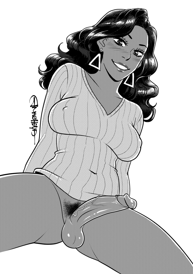 1futa, anasheya, balls, big penis, blush, bottomless, breasts, cleavage, dark skin, dark-skinned futa, disney, erect nipples, erection, female, futa only, futanari, hourglass figure, intersex, latina, milf, monochrome, nipples, penis, solo, solo futa, sunset boulevardez, testicles, the proud family