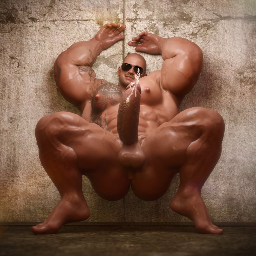 1boy 1human 1male aviator_sunglasses bald bald_man cum cum_drip cum_dripping ejaculating ejaculating_cum ejaculation hands_above_head hyper hyper_ass hyper_balls hyper_genitalia hyper_muscles hyper_penis indoor_nudity indoors male male_focus male_only muscles muscular muscular_male nsfwmaker oc original original_character solo solo_focus solo_male sunglasses tan-skinned_male tan_skin tattoo_on_arm tattoo_on_chest tattooed_arm