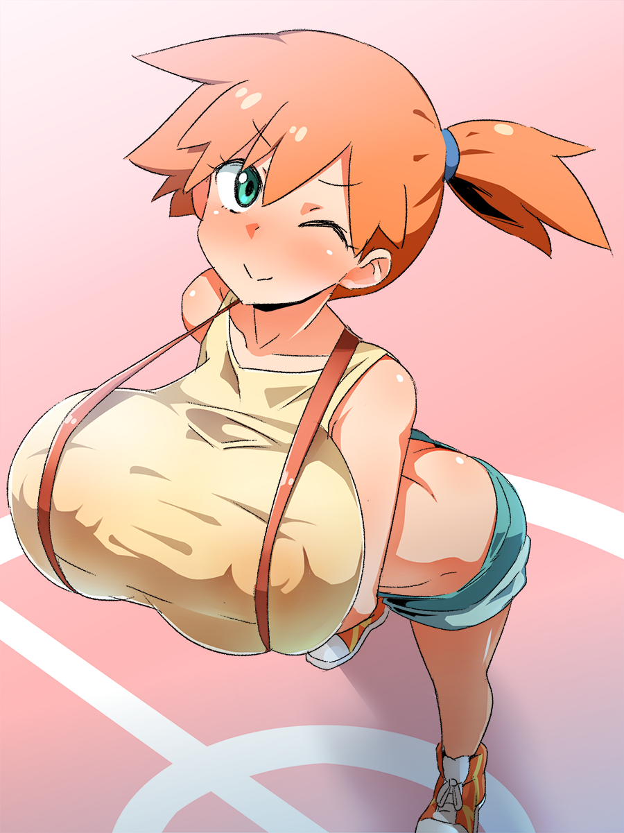 1girls alternate_breast_size ass big_ass blush breasts breasts_bigger_than_head busty clothed curvaceous curvy erect_nipples eyelashes female female_only furau gigantic_breasts green_eyes huge_areolae huge_breasts human human_only kasumi_(pokemon) misty_(pokemon) nintendo nipple_bulge no_bra orange_hair pokemon puffy_nipples shoes short_hair smile sneakers solo thick_thighs thighhighs voluptuous wide_hips wink
