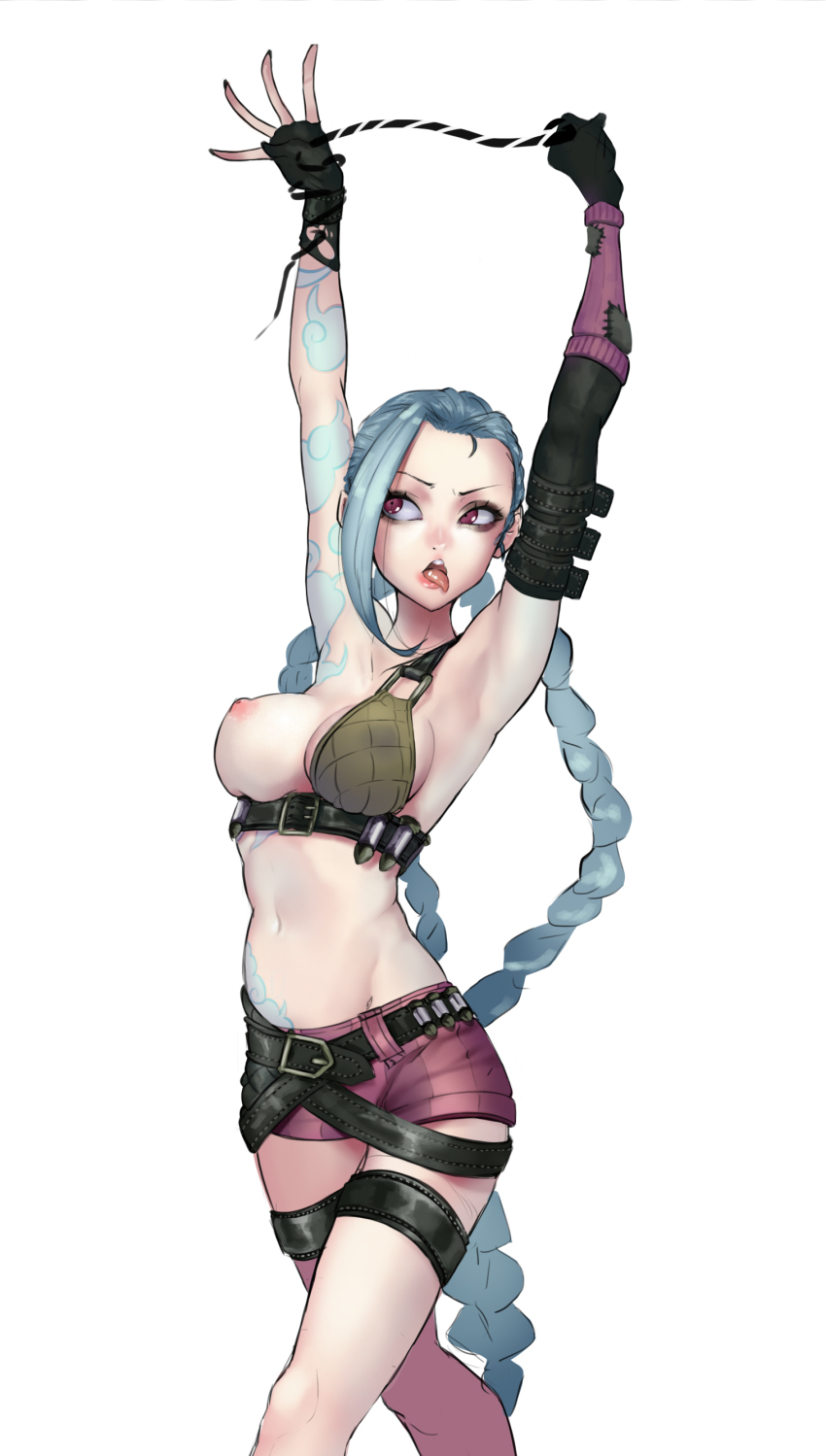 armpits, arms up, big breasts, breasts, female, jinx (league of legends), league of legends, nipples, riot games, tattoo, tongue, tongue out, yeedee