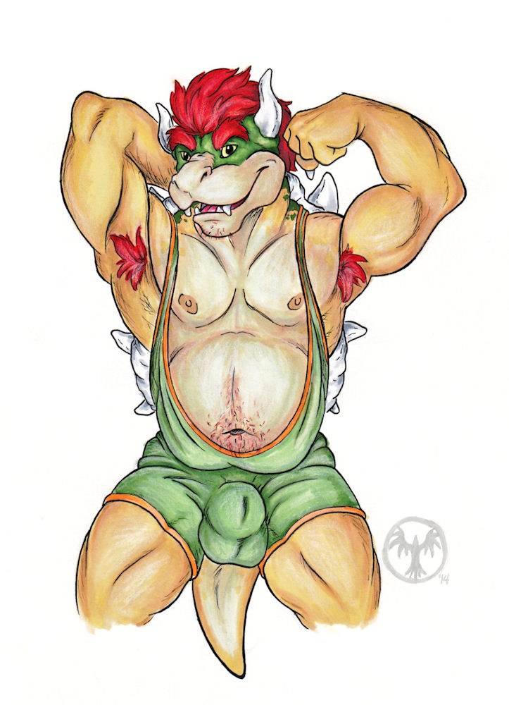 2014 anthro armpit_hair balls_outline belly_hair biceps body_hair bowser bulge flexing flexing_bicep genital_outline hair hand_behind_head horn koopa looking_at_viewer male manly mario_(series) musclegut muscular navel neverwolf nintendo nipples pecs red_hair scalie sheath_outline simple_background solo solo_male standing stubble triceps white_background wrestling_singlet