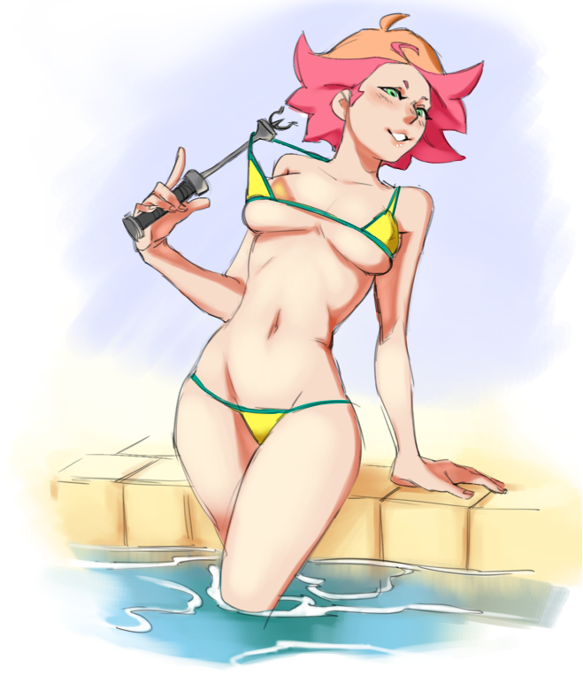 10s amanda_o'neill bikini bikini_pull blush breasts clothes_pull female green_eyes groin little_witch_academia little_witch_academia:the_enchanted_parade lowleg lowleg_bikini micro_bikini naughty_face navel parted_lips pink_hair short_hair solo spacedust standing swimsuit underboob wand