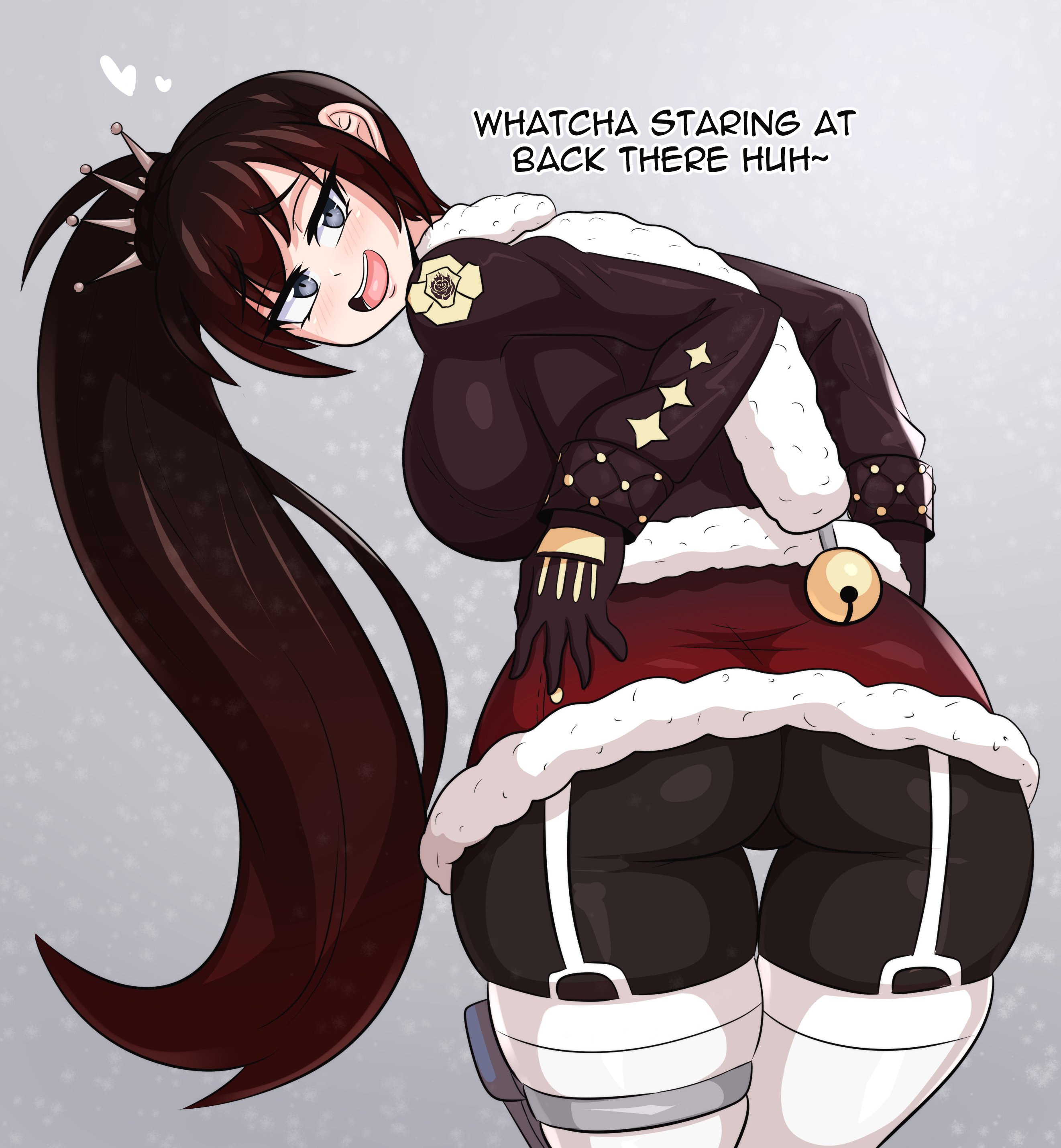 1girls, alternate hair color, alternate hairstyle, ass, big ass, big butt, black hair, dialogue, english, english text, female, female only, fully clothed, garter straps, kinathefox, large ass, large butt, long hair, looking at viewer, looking back, pantyhose, ponytail, ruby rose, rwby, silver eyes, skirt, solo, solo female, solo focus, teasing, teasing viewer, text, thick, thick ass, thick thighs, thighhighs, thighs, tights