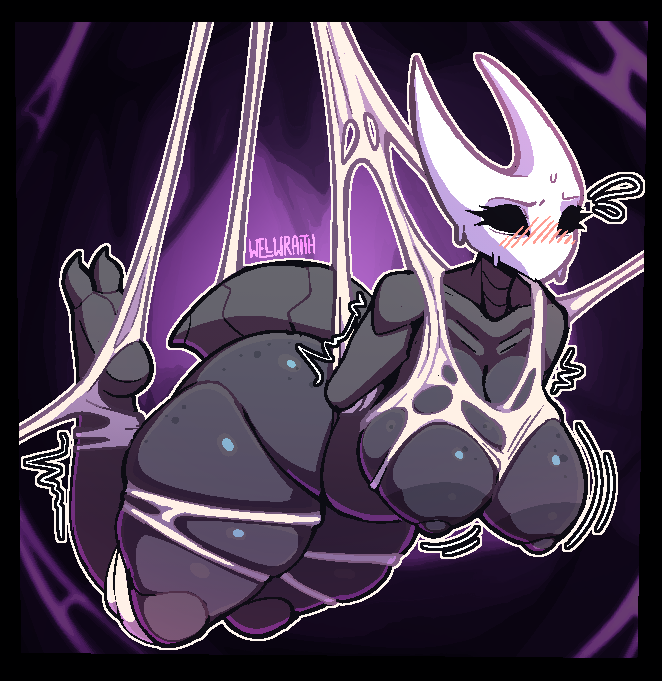 1girls areola areolae arms_behind_back big_breasts blush bondage breasts embarrassed embarrassed_nude_female enf female female_only hollow_knight hornet_(hollow_knight) nipples solo stuck stuck_in_web tagme web welwraith