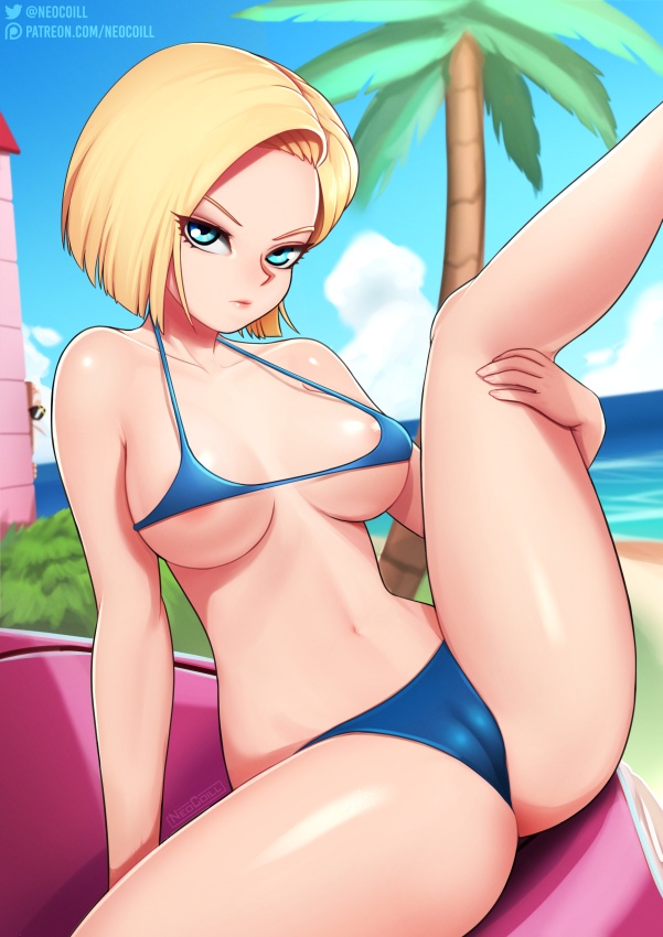1girls, android 18, bikini, blonde hair, blue bikini, blue bikini bottom, blue bikini top, blue eyes, breasts, cameltoe, cleavage, cyborg, dragon ball, dragon ball z, female, female only, looking at viewer, navel, neocoill, pussy, short hair, solo, spread legs, thong bikini