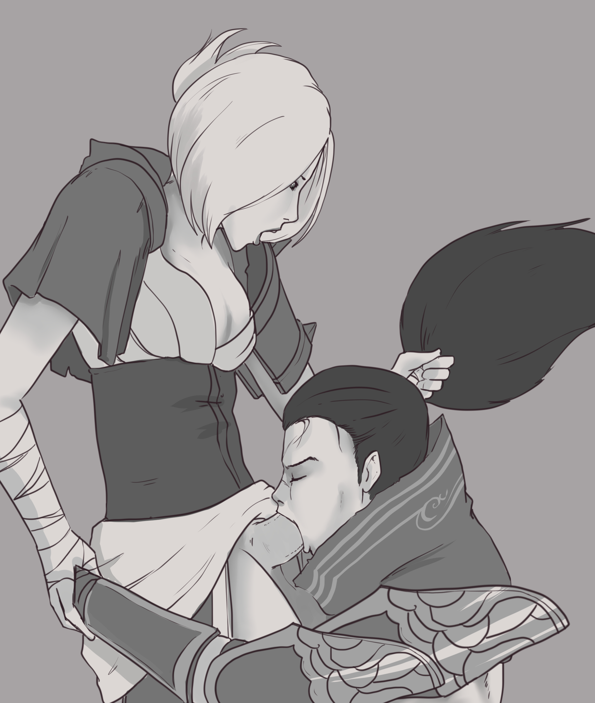 1boy, breasts, clothed, dickgirl, fellatio, futa on male, futanari, intersex, league of legends, male, penis, riot games, riven, yasuo, zaun-derground