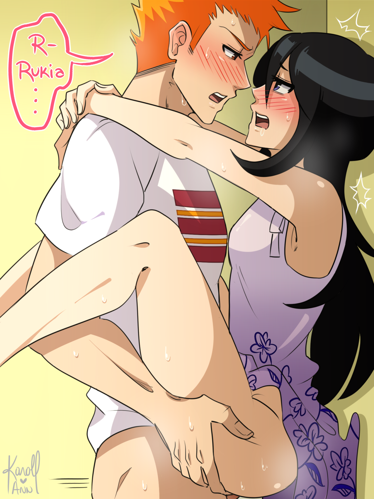 1boy, 1girls, action lines, against wall, arms around neck, black hair, bleach, blush, breasts, brown eyes, carrying, carrying partner, dangerousbride, english text, exposed ass, female, ghost girl, human, ichigo kurosaki, indoors, karoll ann, kuchiki rukia, legs up, long hair, looking at partner, looking pleasured, male, male/female, medium breasts, no panties, no pants, no underwear, orange hair, partially clothed, purple dress, purple eyes, romantic, romantic sex, sex, short hair, short sleeved shirt, side view, sleeveless dress, speech bubble, straight, sweat, white shirt
