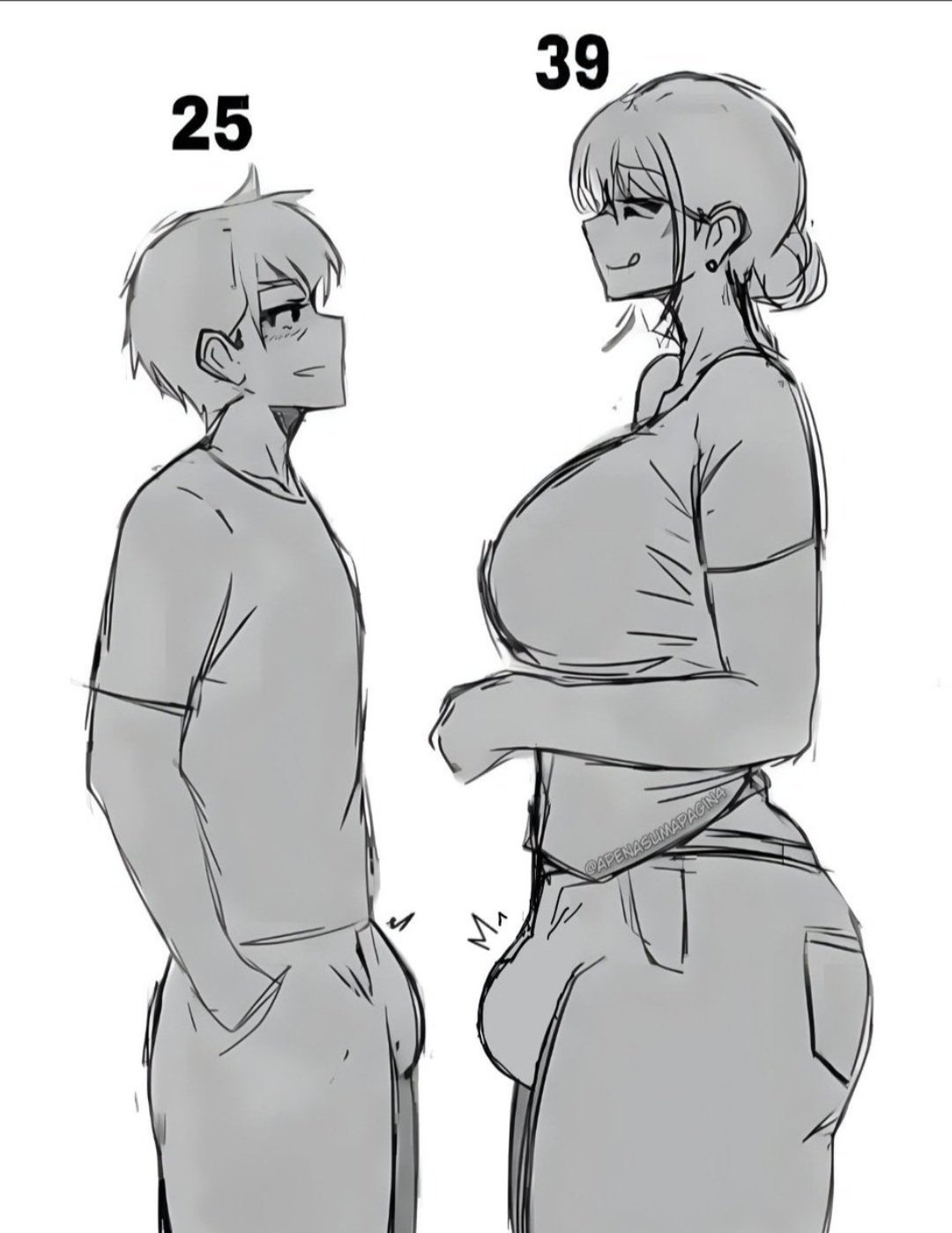 1boy, 1futa, 2d, age difference, assertive female, assertive futa, batu4141, big breasts, blush, breasts, bulge, bulge through clothing, clothed, clothing, dominant futa, earrings, edit, female, fully clothed, futa bulge, futa is bigger, futa on male, futanari, glasses, greyscale, hair bun, hands in pockets, imminent sex, intersex, jeans, licking lips, male, older female, older futa, opontoooso, simple background, sketch, t-shirt, taller female, taller futa, third-party edit, watermark, younger male