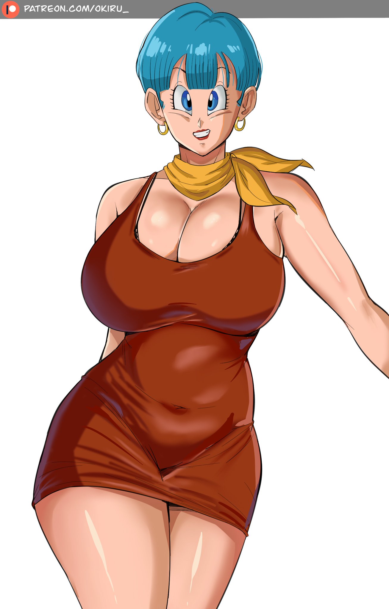 2d big_ass big_breasts blue_eyes blue_hair bulma bulma_briefs bulma_briefs_(majin_buu_saga) casual child_bearing_hips dragon_ball female lipstick mature_female milf no_penetration no_sex panarandom red_dress solo solo_female thick_thighs voluptuous white_woman yellow_scarf