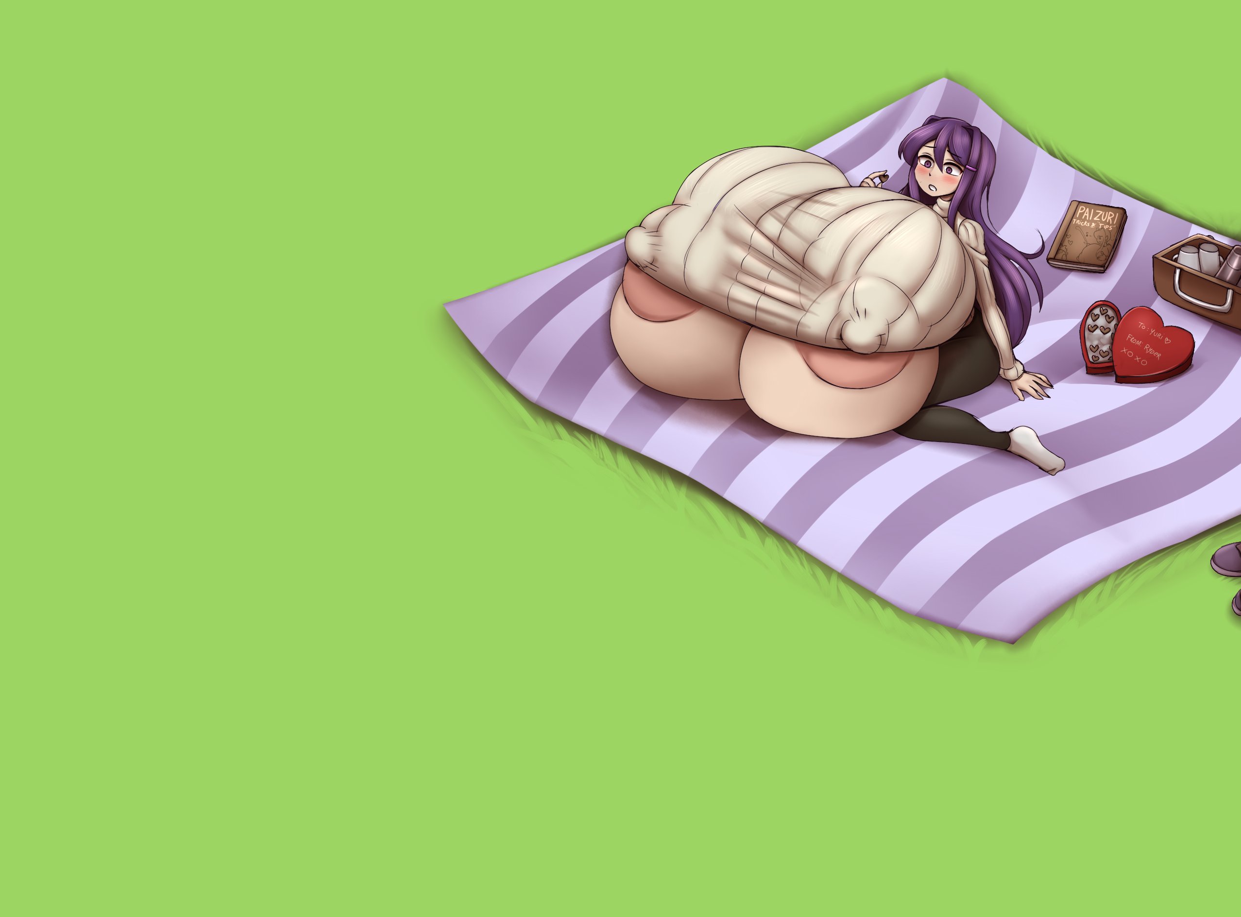 alternate breast size, blanket, breast expansion, breast growth, breast growth (enlargement), breasts, breasts bigger than head, doki doki literature club, erect nipples, expansion, female, hard nipples, huge breasts, hyper, hyper breasts, metachoke, nipple bulge, nipples, picnic, purple hair, sequence, yuri (doki doki literature club)
