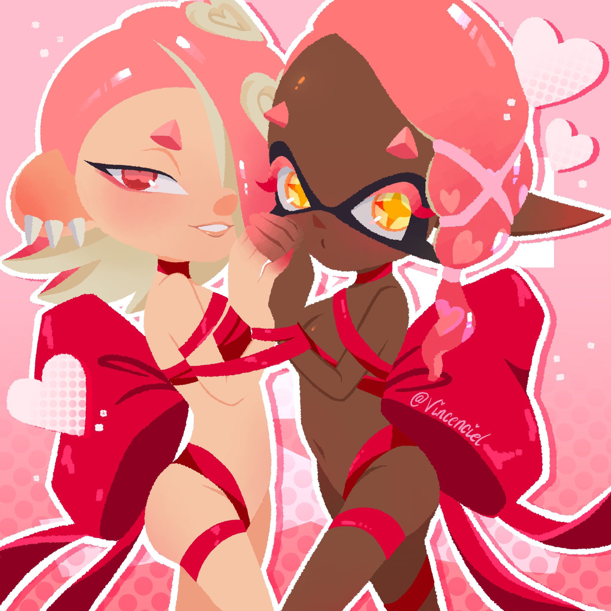 2girls, completely nude, dark skin, dark-skinned female, deep cut (splatoon), female, frye (splatoon), inkling, inkling girl, interracial, interracial yuri, interspecies yuri, light skin, light-skinned female, multiple females, multiple girls, nude, octoling, octoling girl, pink hair, ribbons, shiver (splatoon), softcore, splatoon, splatoon (series), splatoon 3, tagme, tentacle hair, valentine's day, vincenciel, yuri
