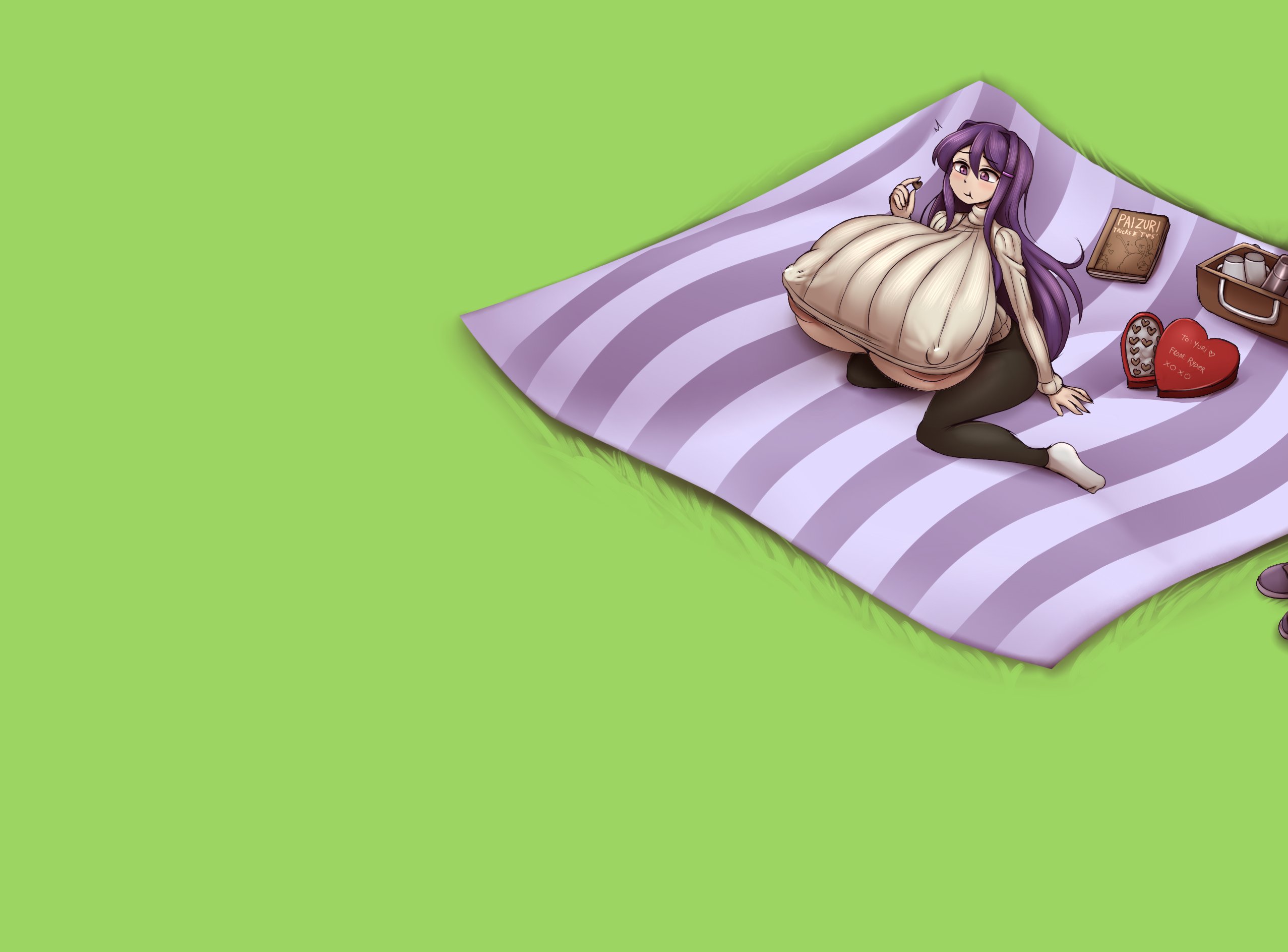 big breasts, blanket, breast expansion, breast growth, breast growth (enlargement), breasts, doki doki literature club, expansion, female, huge breasts, metachoke, nipple bulge, picnic, purple hair, sequence, yuri (doki doki literature club)