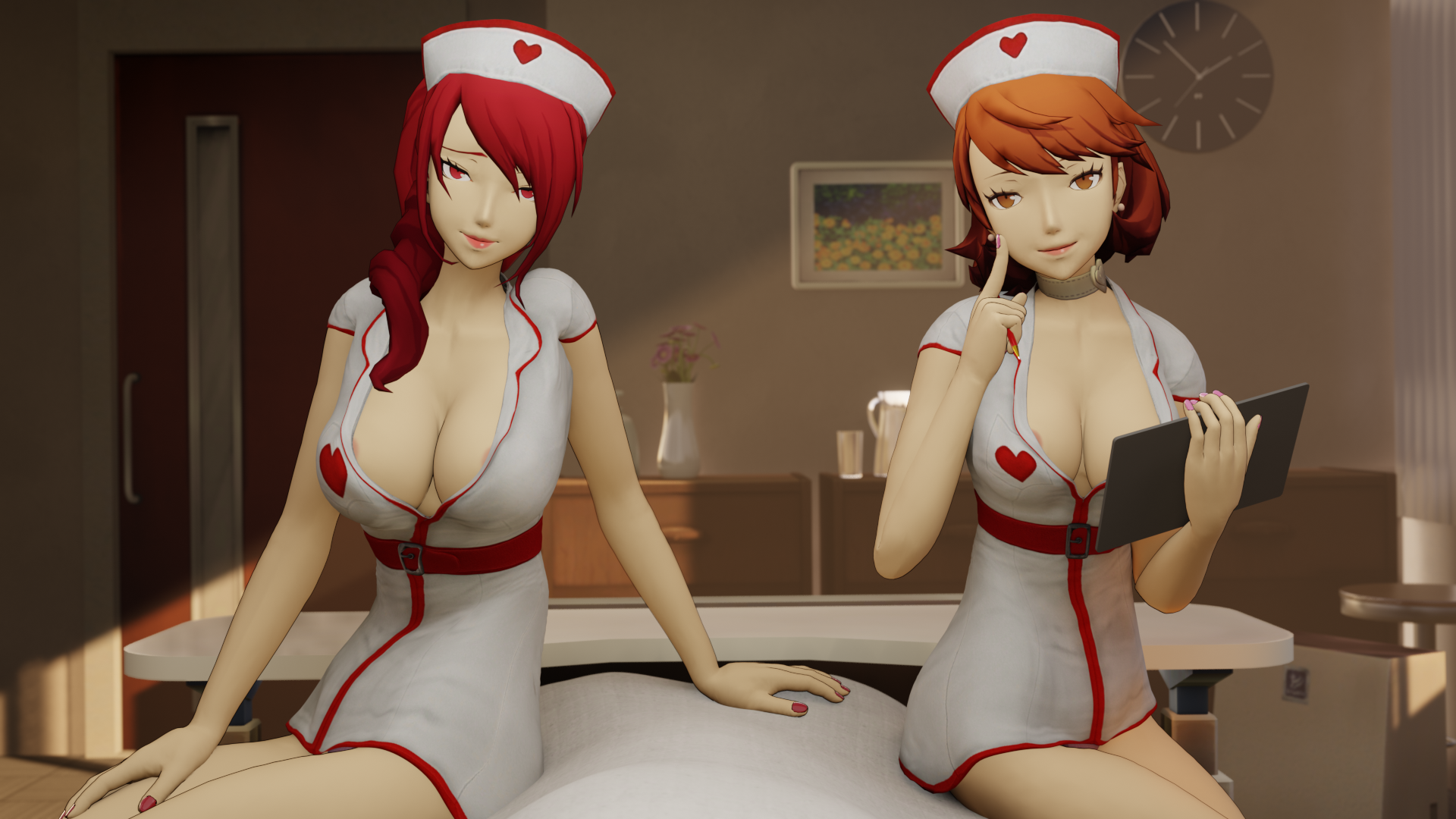 1boy, 2girls, 3d, breasts, brown eyes, brown hair, female, huge breasts, junpei iori, male, mitsuru kirijo, nurse, nurse uniform, persona, persona 3, pov, rbf7, red eyes, sitting on bed, yukari takeba