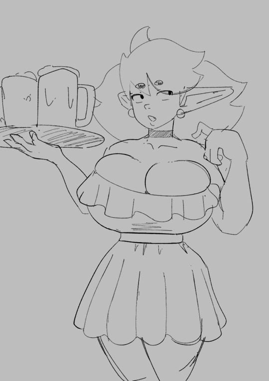 1girls alcohol barmaid beer better_version_at_source dand_u elf_ears female female_only horn lowres mirin_(dand_u) no_color pointy_ears solo thumbnail