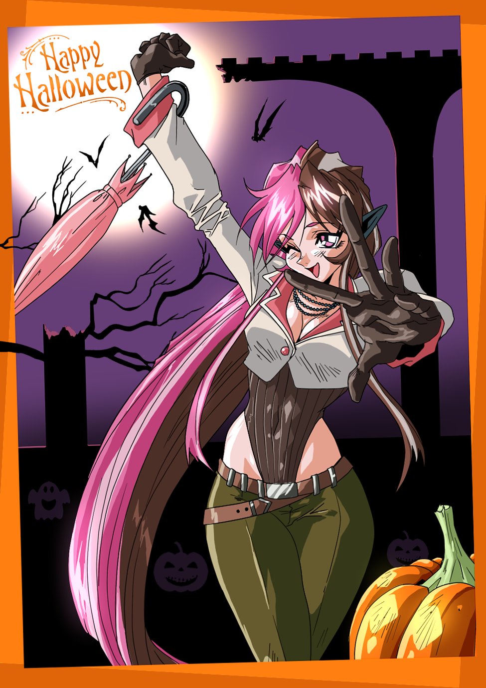 1990s_(style) 1girls arm_up artist_name belt big_breasts breasts brown_hair brown_leotard busty cleavage curvy female female_only garter_belt gloves halloween highres large_breasts leotard leotard_under_clothes long_hair looking_at_viewer multicolored_hair neo_(rwby) one_eye_closed outstretched_arm pants pink_eyes pink_hair retro_artstyle revision rwby simple_background smile solo thick_thighs thighs two-tone_hair unbrella wide_hips wink