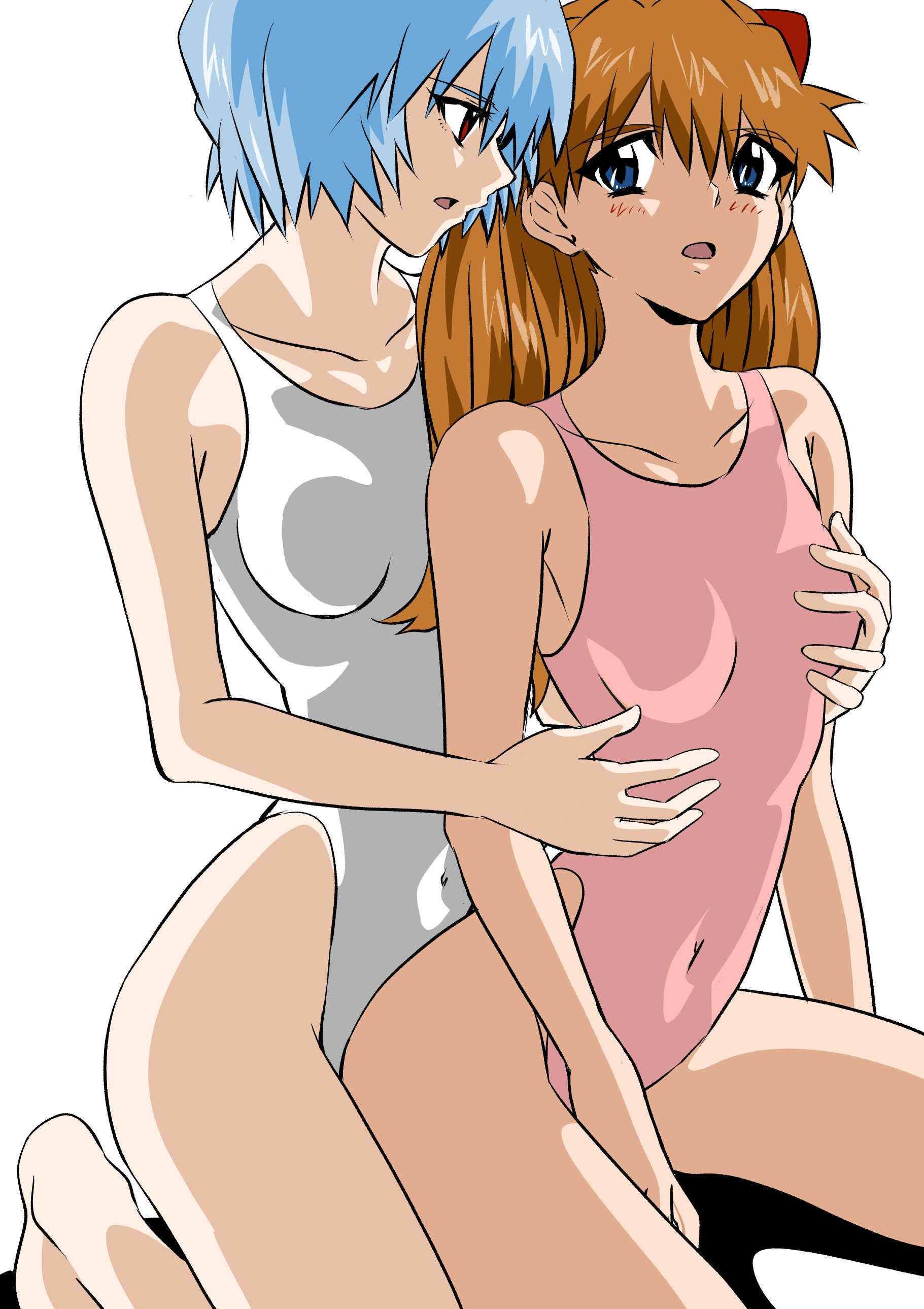 2d, 2girls, asuka langley sohryu, belly button, blue hair, breast grab, breasts, female, kneeling, long hair, neon genesis evangelion, one-piece swimsuit, red hair, rei ayanami, short hair, slim waist, small breasts, spread legs, teenager, yuri, yuutaku1618
