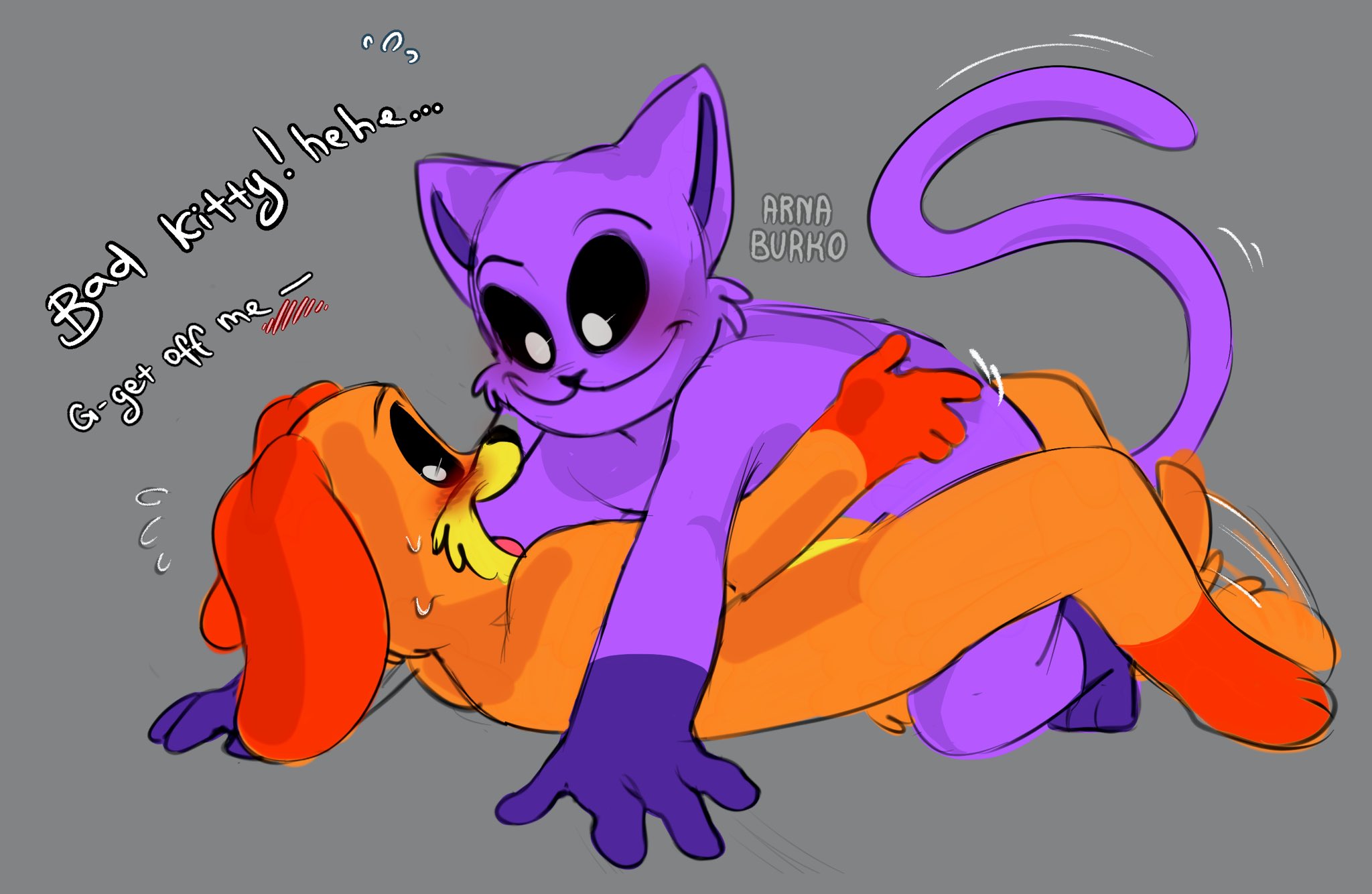2024, 2d, 2d (artwork), 2d artwork, anthro, anthro on anthro, anthro only, canine, cat, cat boy, cat ears, cat tail, catboy, catnap, catnap (poppy playtime), cowgirl position, critters (poppy playtime), cute, dog, dog tail, dogday, dogday (poppy playtime), doggy, doggy style, domestic cat, domestic dog, embarrassed, feline, flushed face, flustered, furry only, gay, gay sex, male, mob entertainment, no humans, orange fur, orange skin, pinned to floor, poppy playtime, poppy playtime (chapter 3), purple fur, purple skin, rape?, sex, smiling critters, tagme, tail motion