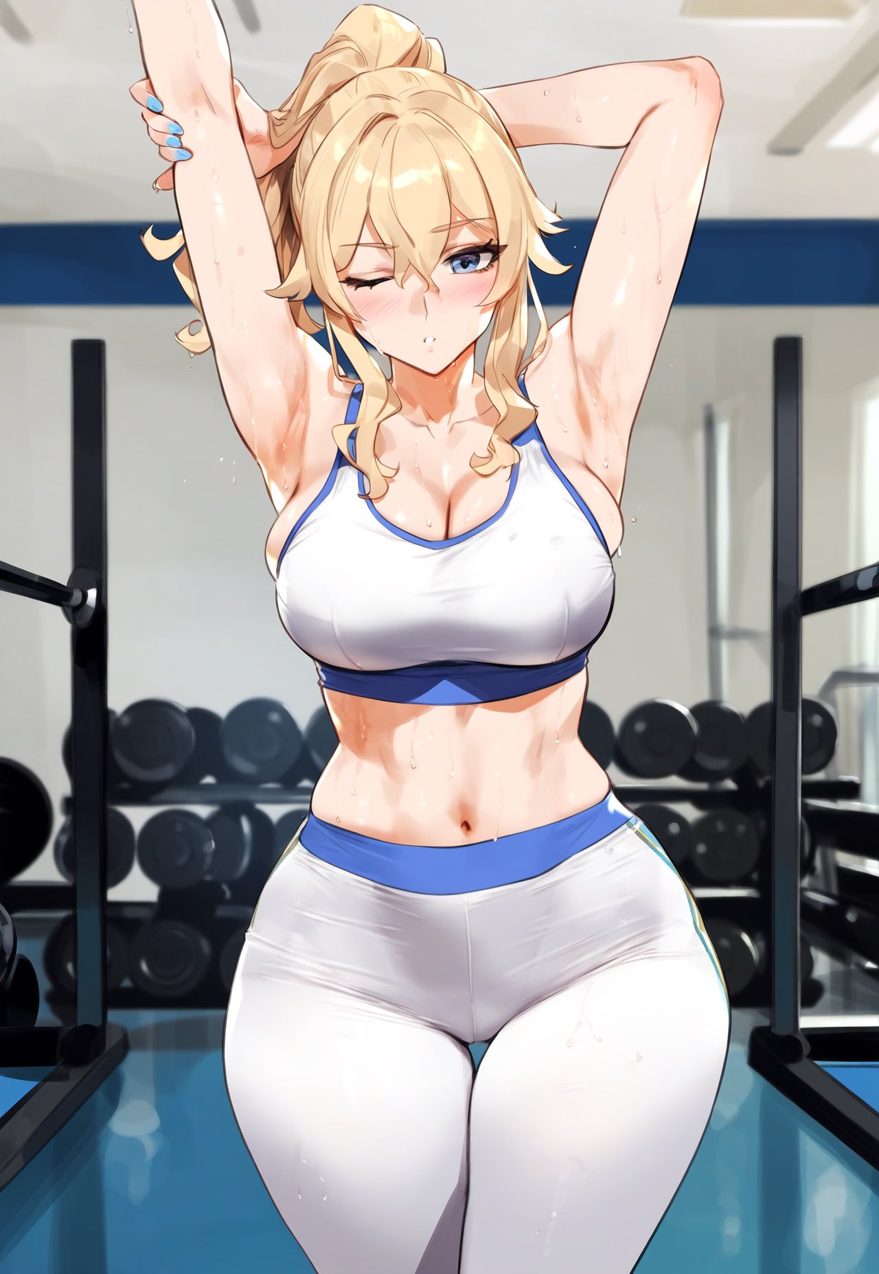 1girls ai_generated alternate_costume armpits arms_up blonde_hair blue_eyes bottom_heavy breasts female female_only genshin_impact gym gym_clothes gym_uniform hi_res jean_gunnhildr leggings light-skinned_female light_skin midriff ponytail solo sports_bra stretching sweat sweating sweaty_armpits sweaty_body thick_thighs thighs truckkunart wide_hips yoga_pants