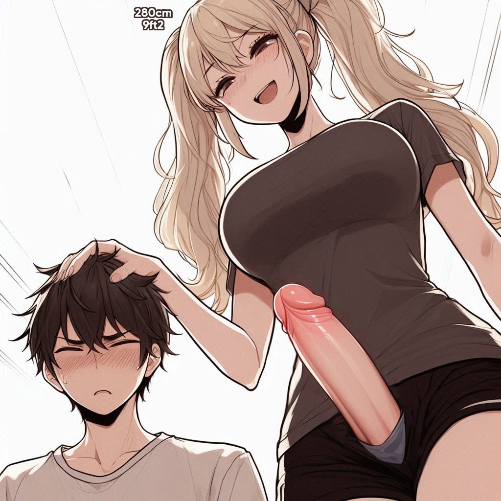 ai generated, big penis, blonde hair, clothed, clothing, futa on male, futadom, futanari, giantess, head pat, height, height difference, large penis, larger female, larger futa, low-angle view, mini giantess, patting head, penis, size difference, smaller male, spalela, tease, teasing