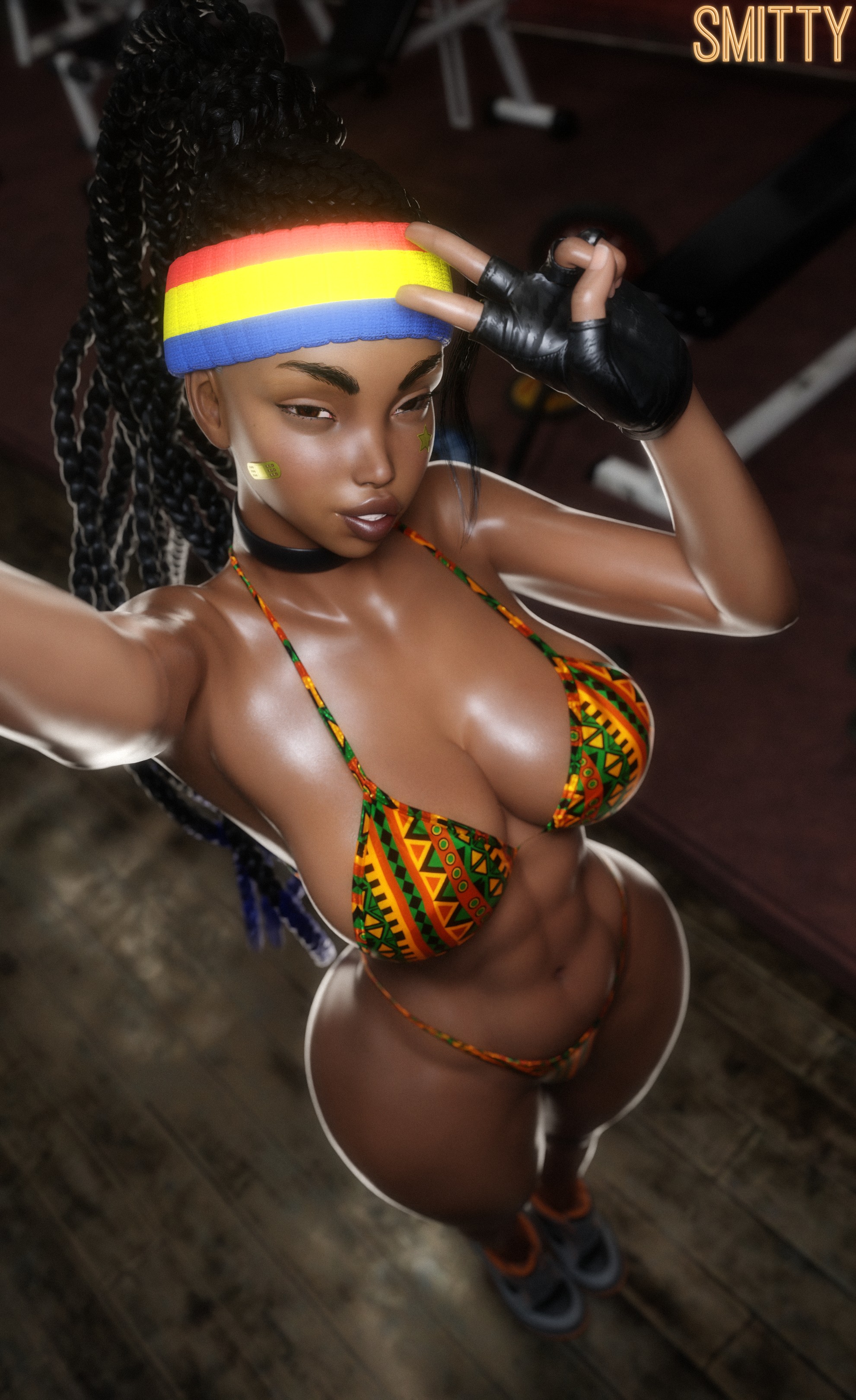 1girls, 3d, 3d (artwork), abs, athletic female, big breasts, bikini, bikini bottom, bikini top, black hair, bottomwear, breasts, brown eyes, capcom, cleavage, dreadlocks, female, female only, fingerless gloves, footwear, full body, gloves, hair, handwear, headband, headwear, high-angle view, kimberly jackson, legs, lips, long hair, orange bikini, peace sign, pose, posing, shoes, smitty34, solo, solo female, street fighter, street fighter 6, swimwear, thick lips, thick thighs, thighs, toned female, topwear