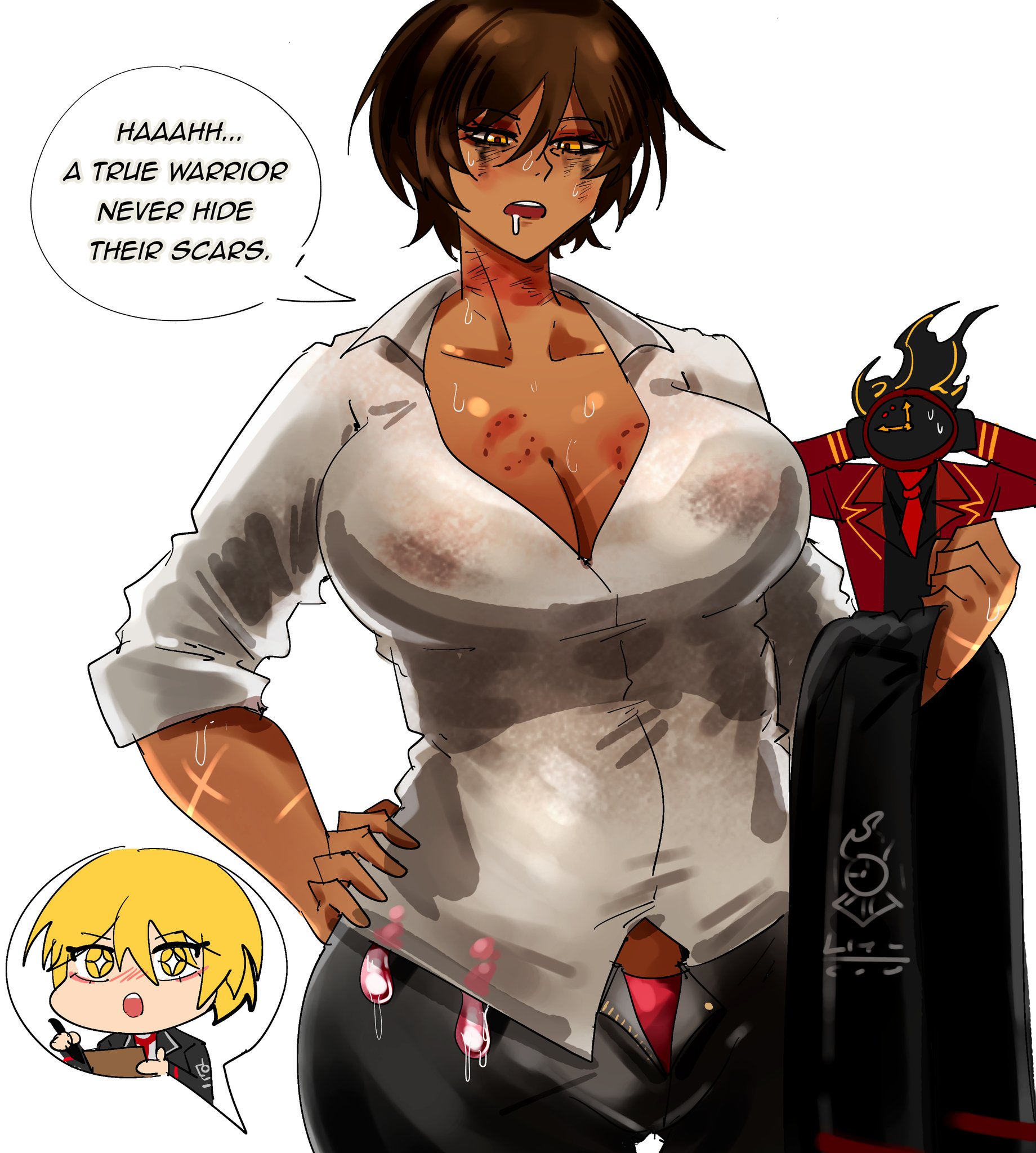 1girls, arczaeon, bite mark, bite mark on breast, bite marks, blush, brown hair, cleavage, clock, condom in clothes, cum filled condom, dante (limbus company), dialogue, don quixote (limbus company), drooling, embarrassed, female, fly open, hand on hip, hands on head, holding jacket, huge breasts, human, jslutty reaction, large breasts, limbus company, makeup running, open mouth, orange eyes, outis (limbus company), pen, project moon, scars, see-through, see-through clothing, sparkling eyes, standing, sweat, sweaty face, taking notes, text, used condom, used condoms, voluptuous, wet clothing, white shirt, yellow hair