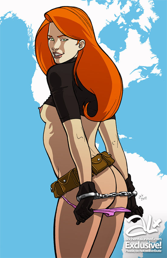 1girls, alx (fuckit), arms behind back, ass, bondage, bound, breasts, disney, female, female only, handcuffs, kim possible, kimberly ann possible, nipples, panties, panty pull, shirt lift, solo