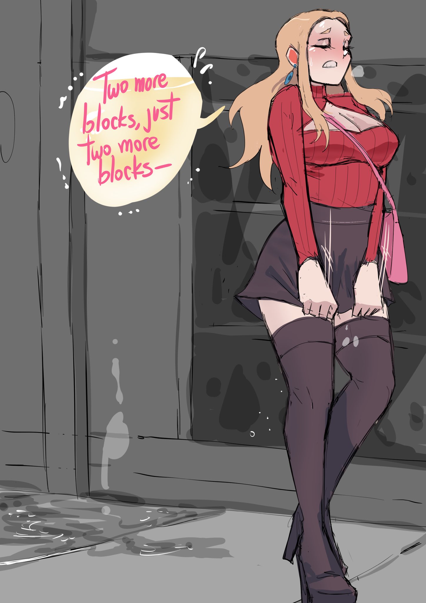 1girls, after peeing, alternate costume, barbara (biku), biku, black skirt, black thighhighs, blonde hair, blue earrings, blue eyes, blush, breasts, cleavage, cleavage cutout, clenched teeth, closed eyes, earrings, embarrassed, english text, female, full body, hand between legs, have to pee, large breasts, long hair, long sleeves, official alternate costume, original, original character, red turtleneck, skirt, skirt tug, sole female, solo, solo female, solo focus, speech bubble, standing, thighhighs, turtleneck