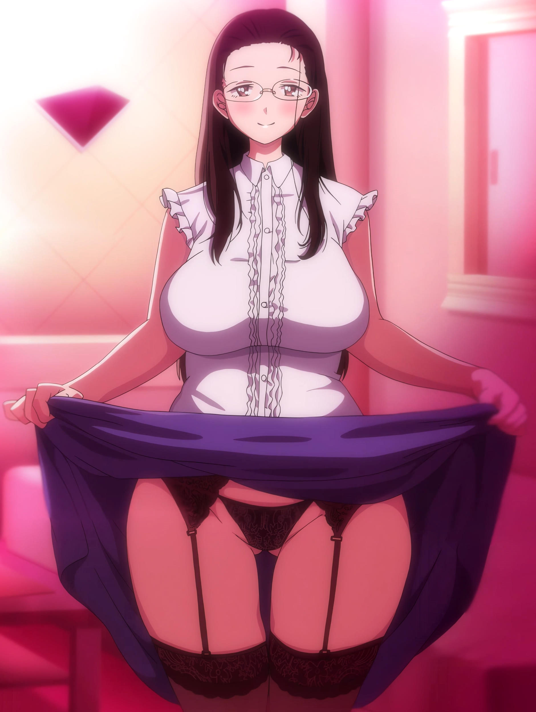 1girls, blush, breasts, brown hair, clothing, garter belt, glasses, hips, kisaragi tomoe, large breasts, lingerie, lingerie under clothes, looking at viewer, panties, presenting, screencap, seika jogakuin kounin sao ojisan, stitched, thick thighs, wide hips