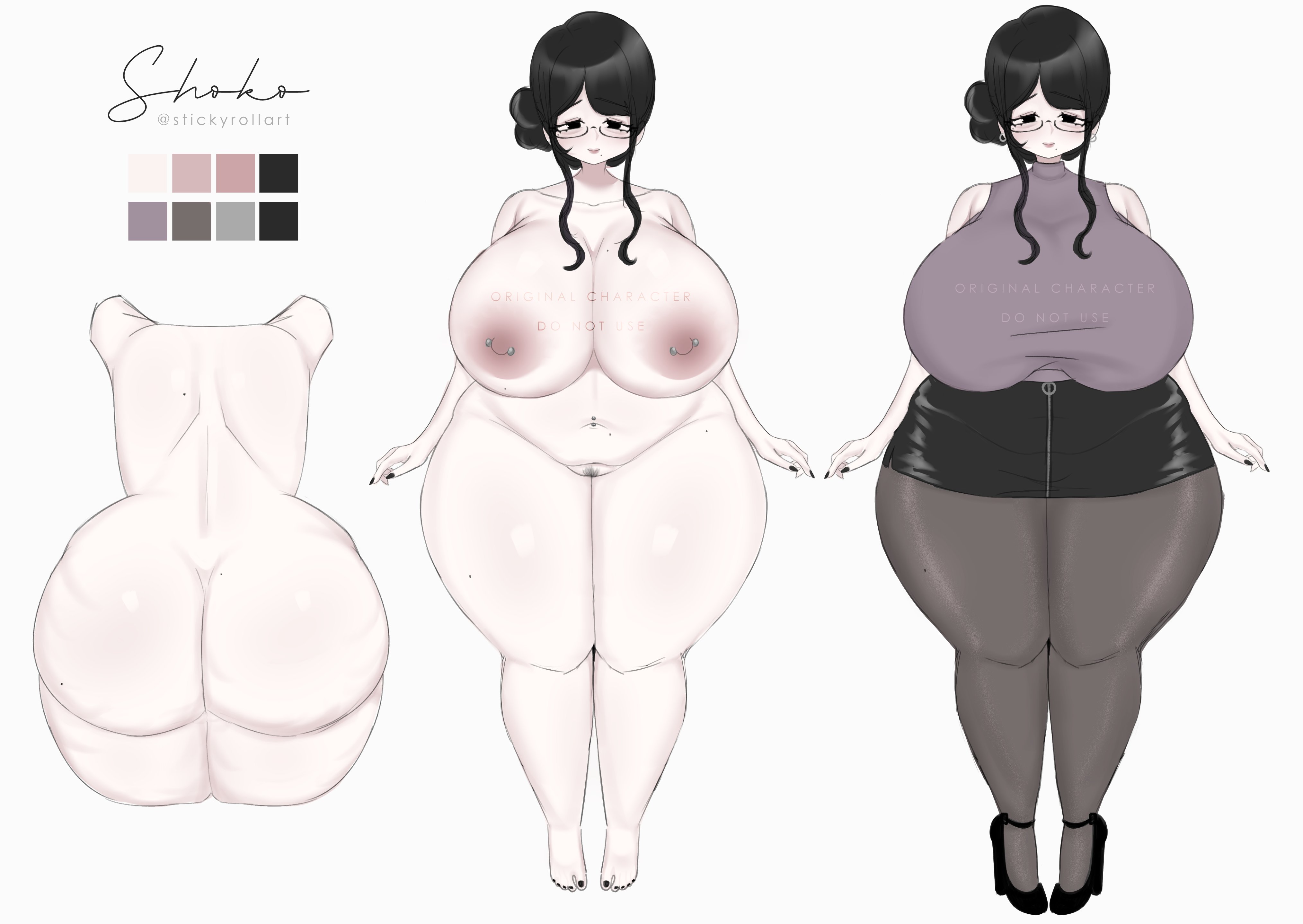 artist self-insert, back view, bbw, beauty mark, cellulite, character sheet, glasses, hair bun, large areolae, large ass, large breasts, milf, navel piercing, nipple piercing, office lady, original, original character, painted nails, painted toenails, pantyhose, pubic hair, shoko (stickyroll), skirt, stickyroll, venus body