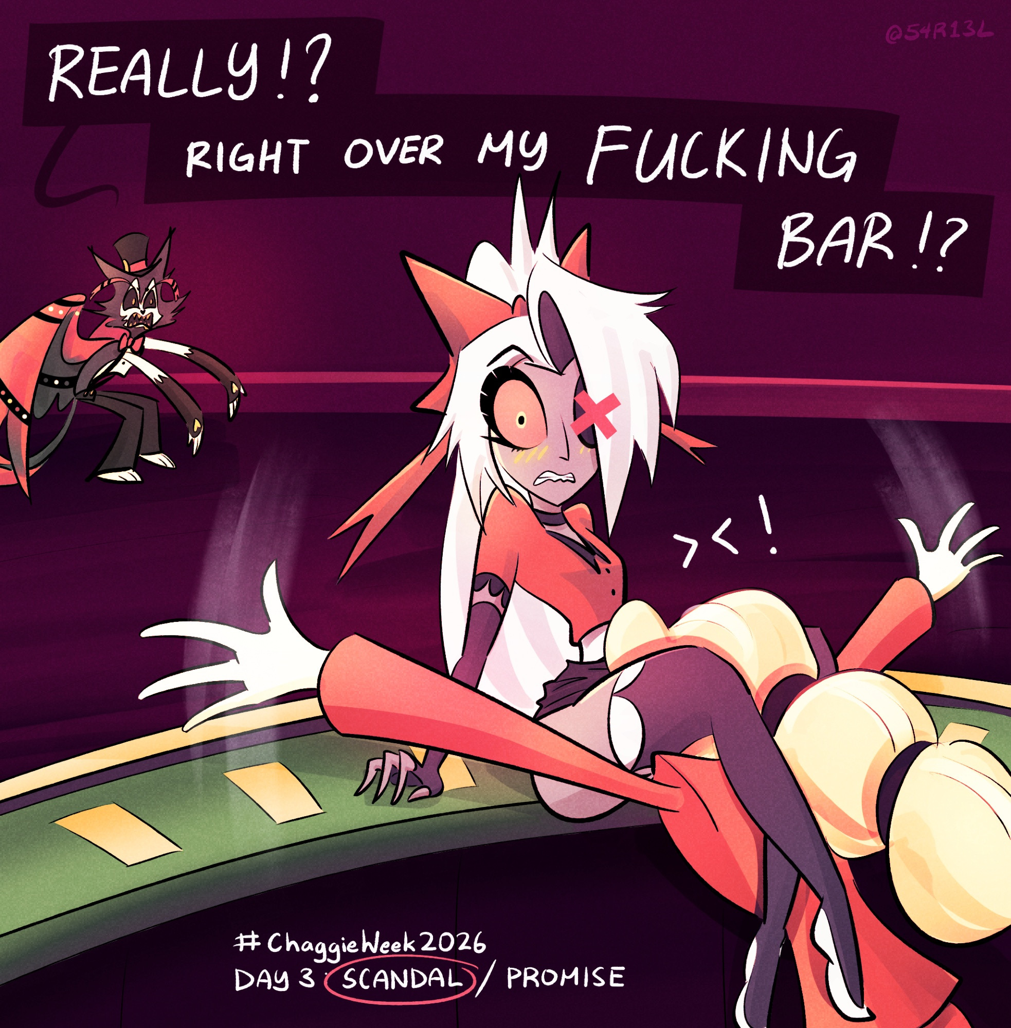 54r13l, anthro, bar counter, between thighs, blush, canon couple, caught, charlie morningstar (hazbin hotel), eating pussy, embarrassed, female, female focus, funny, hazbin hotel, humor, husk (hazbin hotel), male, public, public sex, skirt, thighs, vaggie (hazbin hotel), wings, yuri