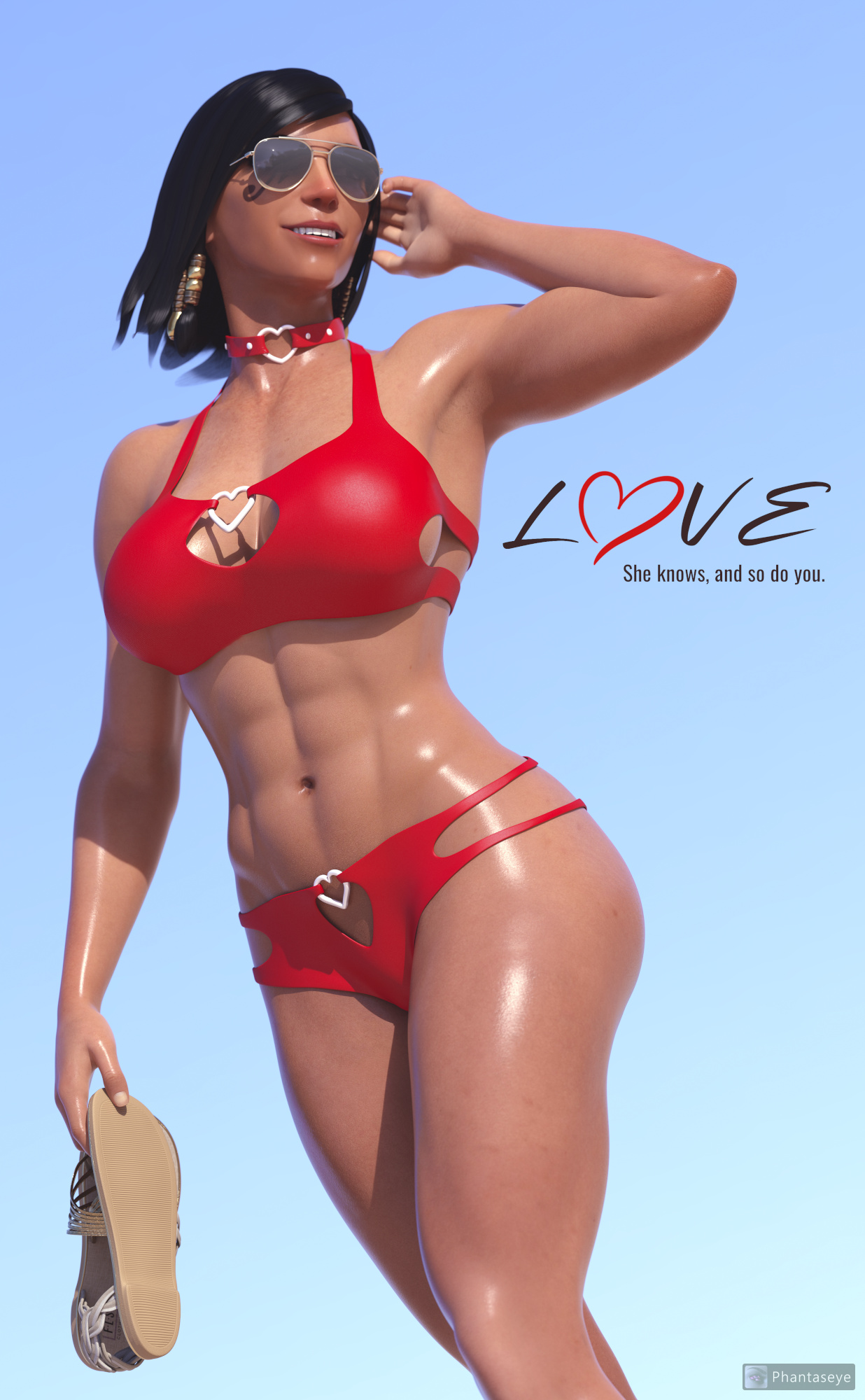 3d, 3d (artwork), 3d render, bikini, black hair, bleached, choker, dark-skinned female, fareeha amari, heart symbol, love, muscular female, overwatch, phantaseye, pharah, pinup, pinup pose, qoh, queen of hearts, short hair, simple background, smile, smiling, swimsuit, text, themed clothes, tomboy, toned female