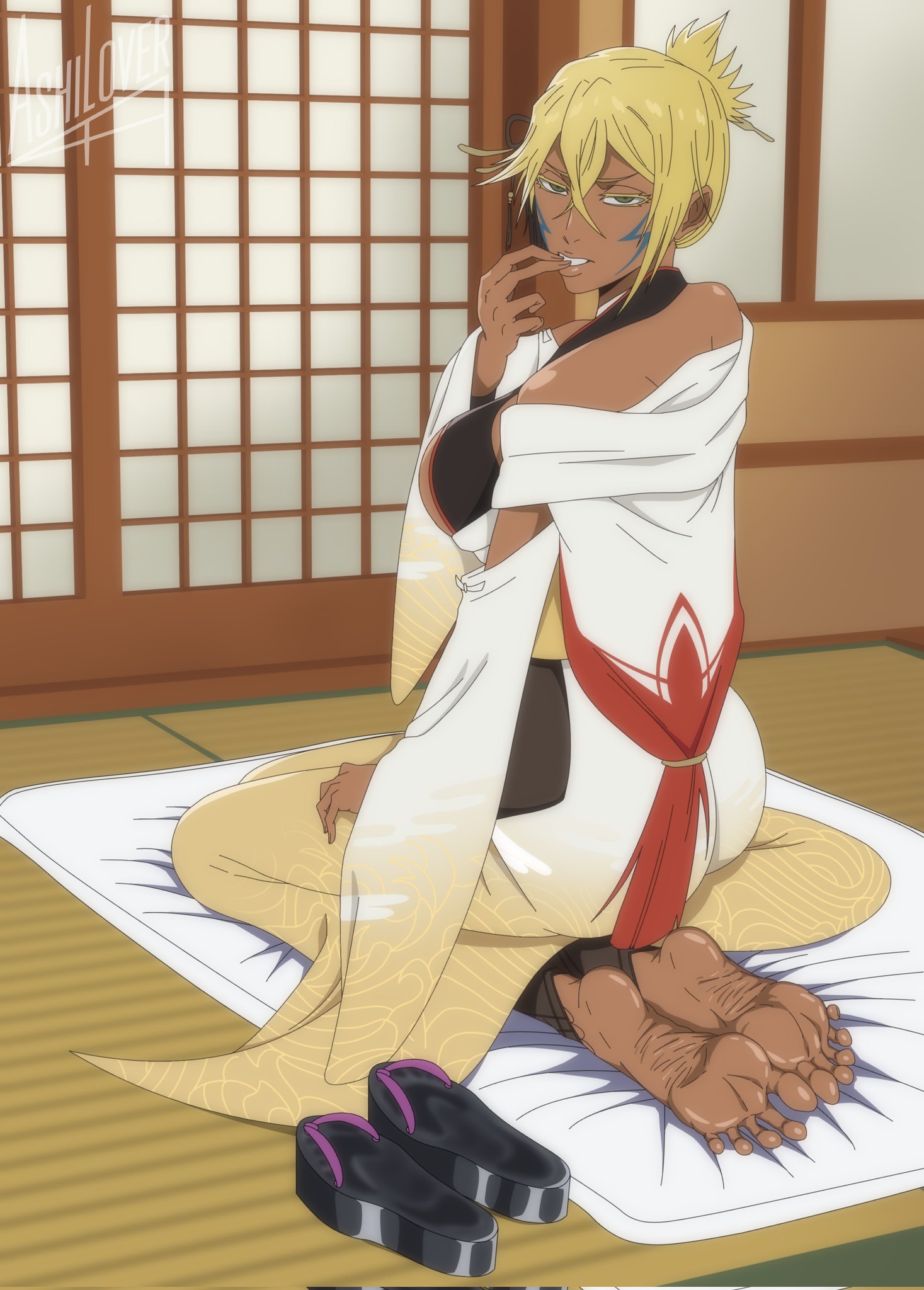 ashilover44, bare soles, barefeet, barefoot, big breasts, bleach, bleach brave souls, bleach: sennen kessen-hen, bleach: the thousand-year blood war, blonde hair, dark skin, dark-skinned female, dressed, feet, female, foot fetish, foot focus, footprint, footprint on sandals, green eyes, hollow markings, kimono, looking at viewer, on knees, presenting, presenting feet, sandals, sandals removed, short hair, sole female, soles, soles female, soles fetish, spread toes, tia harribel, tied hair, tier harribel, toes, toes spread, yellow eyelashes, yellow hair