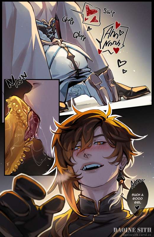 1boy, 1girls, blowjob, daoine sith, female, genshin impact, good girl, kneeling, licking, lumine (genshin impact), moaning, open mouth, praise, size difference, straight, strange penis, yellow penis, zhongli (genshin impact)