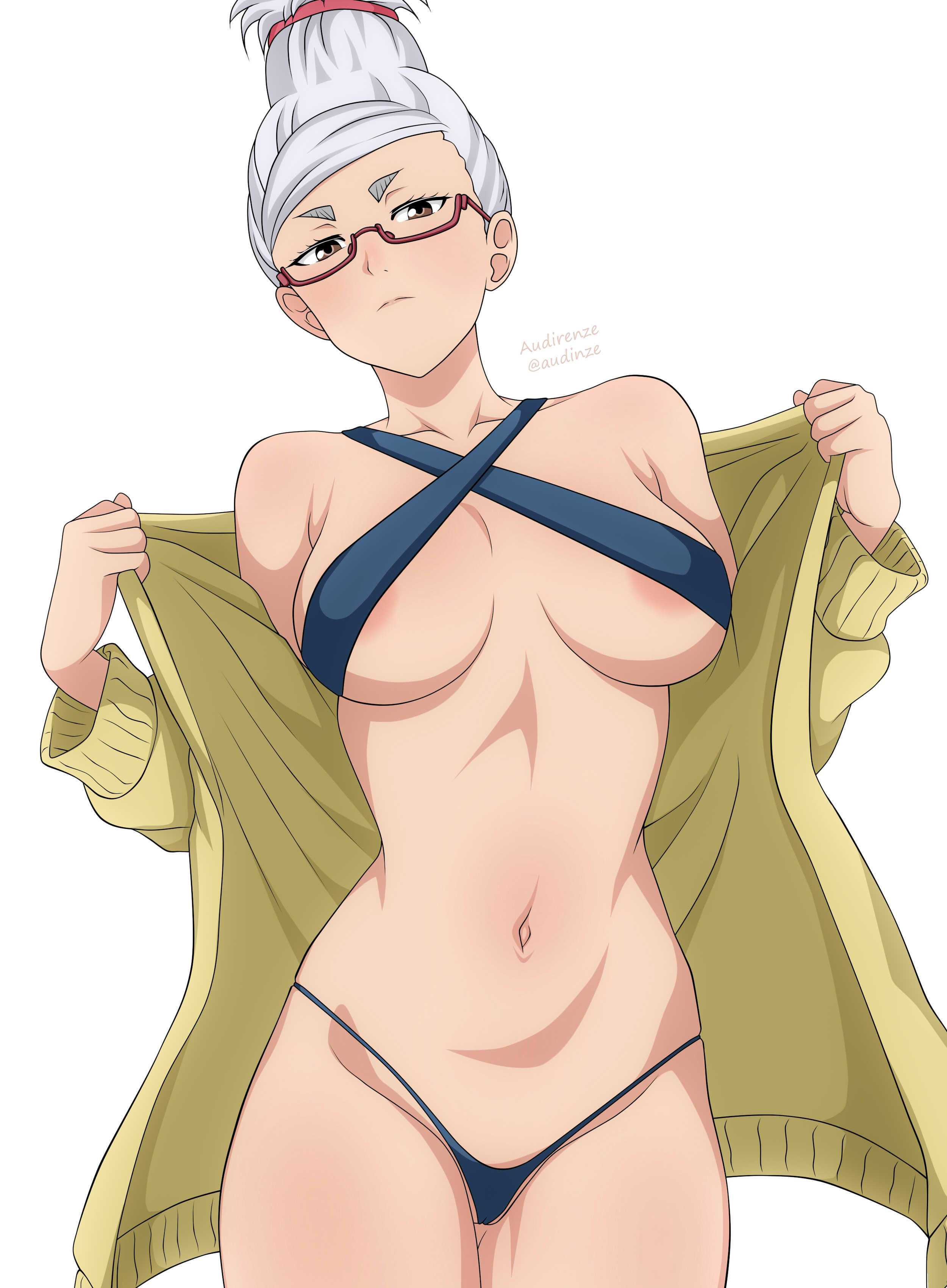 1girls, 2d, 2d (artwork), 2d artwork, adult, adult female, areola, areola slip, areolae, areolae slip, audirenze, ayase seiko, bare belly, bare chest, bare hips, bare legs, bare midriff, bare navel, bare shoulders, bare skin, bare thighs, beehive hairdo, belly, belly bulge, belly button, big breasts, bikini, bikini bottom, bikini only, bikini top, black bikini, black bikini bottom, black bikini top, black swimsuit, black swimwear, breasts, breasts apart, brown eyes, brown-eyed female, busty, busty female, busty girl, collarbone, criss-cross halter, curvaceous, curvaceous body, curvaceous female, curvaceous figure, curvaceous hips, curvy, curvy body, curvy female, curvy figure, curvy hips, dandadan, digital, digital art, digital drawing, digital drawing (artwork), digital media, digital media (artwork), drawing, exposed belly, exposed chest, exposed hips, exposed legs, exposed midriff, exposed navel, exposed shoulders, exposed skin, exposed thighs, exposing, exposing breasts, exposing chest, exposing self, female, female focus, female only, fingers, frown, frown eyebrows, frowning, frowning at viewer, gilf, glasses, glasses on face, glasses on head, grandma, grandmother, groin, halterneck, head tilt, high resolution, highres, hip dips, hourglass figure, inframammary fold, inguinal crease, inguinal ligament, large boobs, large breasts, lean figure, legs closed, legs together, long hair, looking at viewer, looking down, looking down at viewer, mature, mature female, midriff, narrow waist, navel, nipples, pink areola, pink areolae, presenting breasts, semi-rimless glasses, serious, serious face, serious look, shoulders, showing breasts, showing chest, simple background, slender body, slender waist, slim waist, solo, standing, swimsuit, swimwear, thick eyebrows, thick thighs, thighs, thighs together, tilted head, under-rim glasses, underboob, upper body, white background, white hair, white-haired female, wide hips