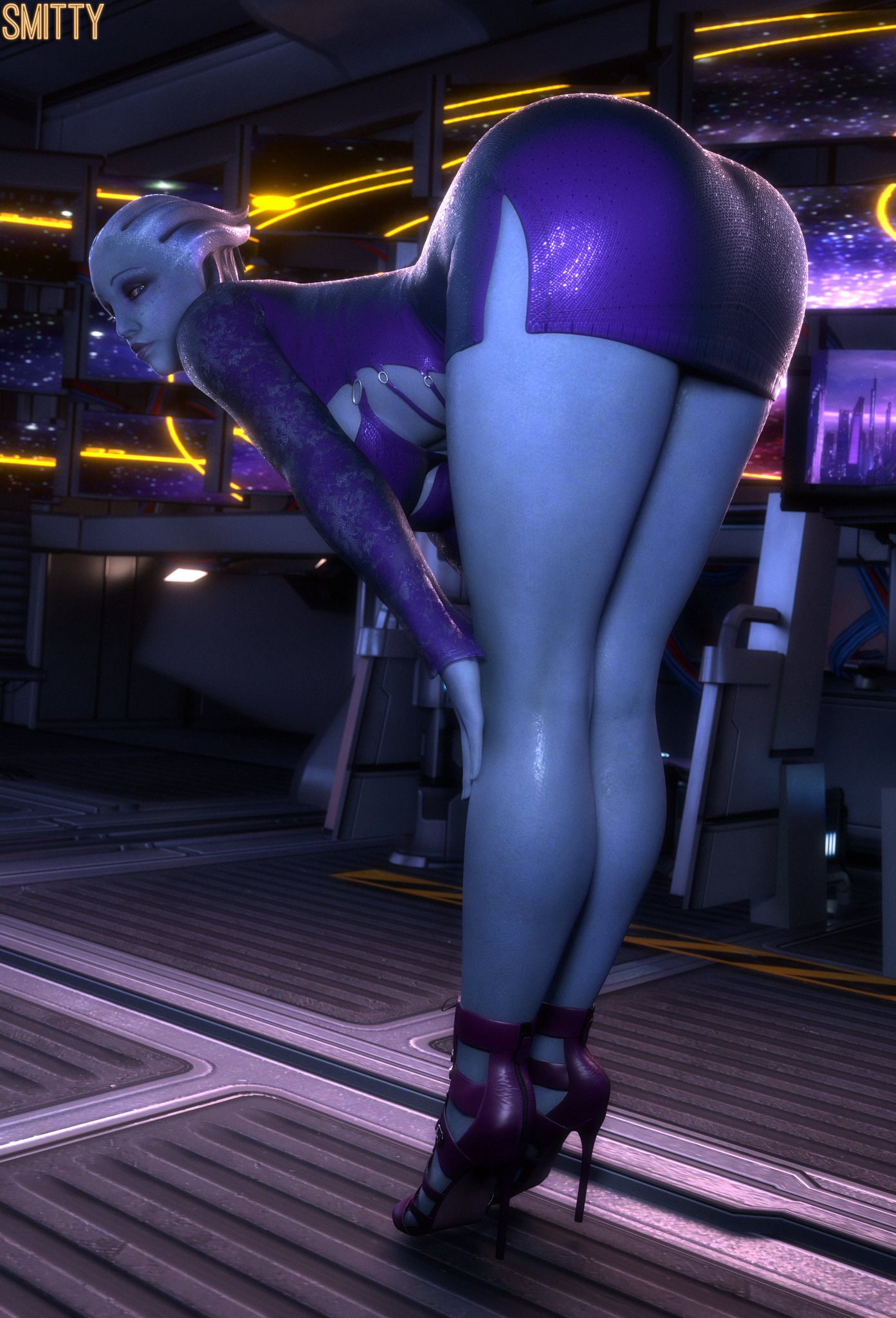 1girl, 1girls, 2026, 3d, 3d (artwork), alien, alien girl, alien humanoid, artist name, asari, ass, bent over, big ass, big breasts, bioware, blue body, blue eyes, blue skin, blue-skinned female, breasts, bust, busty, busty female, chest, clothed, clothed female, curvaceous, curvy, curvy figure, dress, dumptruck ass, dumptruck butt, electronic arts, female, female only, hair tentacles, heels, high heels, hips, hourglass figure, huge ass, huge breasts, humanoid, interior, large ass, large breasts, legs, liara t'soni, looking at viewer, mass effect, mass effect 3, mature, mature female, monitor, monitors, no sex, non-human, non-human only, normandy sr-2, pinup, realistic proportions, short dress, short skirt, skirt, slim waist, smitty34, solo, solo female, starship, technology, tentacle hair, thick, thick hips, thick legs, thick thighs, thighs, video game character, voluptuous, voluptuous female, waist, wide hips, wide thighs, young woman