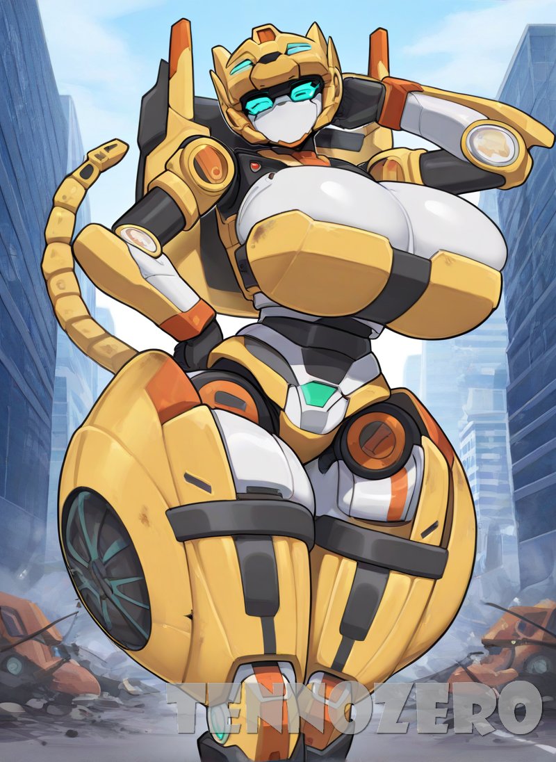 1girl, 2026, ai generated, automobile, black body, blue eyes, cheetah, cleavage, debris, eyes closed, giantess, green body, hand behind head, hand on hip, huge breasts, mecha, metal cardbot, multicolored body, no mouth, orange body, plump thighs, pseudo clothing, robot girl, robot tail, segmented tail, tachi (metal cardbot), tachy (metal cardbot), tail, tennozeroo, thick thighs, tight clothing, tire, white body, wide hips, yellow body