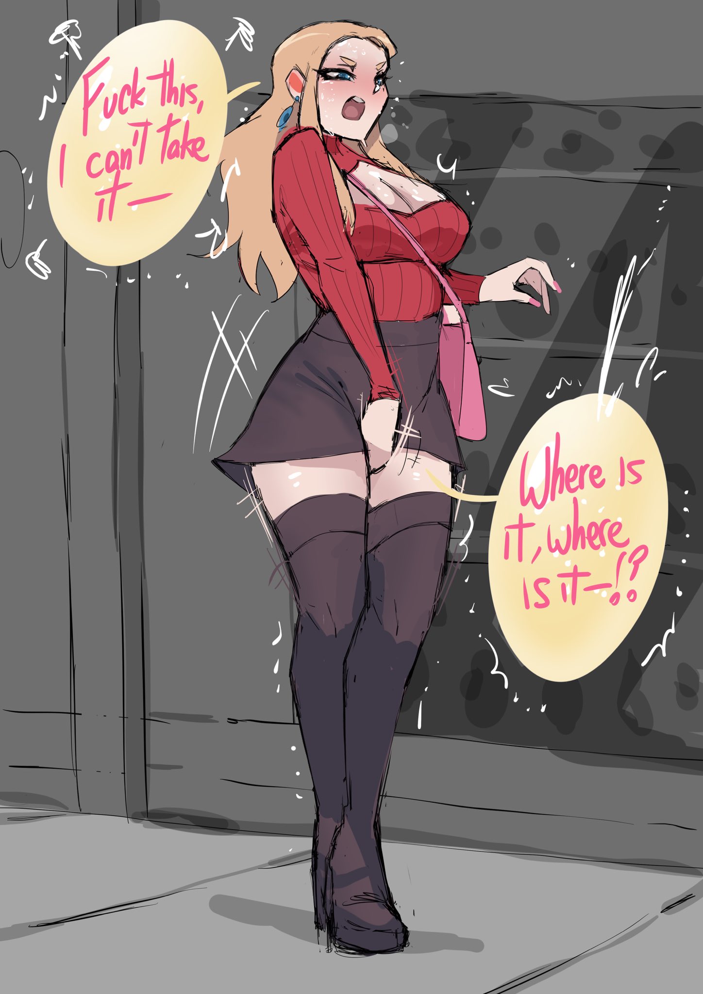 1girls, alternate costume, barbara (biku), between legs, biku, black skirt, black thighhighs, blonde hair, blue earrings, blue eyes, blush, breasts, cleavage, cleavage cutout, earrings, english text, female, hand between legs, hand between own legs, have to pee, large breasts, long hair, long sleeves, official alternate costume, open mouth, original, original character, red turtleneck, skirt, sole female, solo, solo female, solo focus, speech bubble, thighhighs, turtleneck