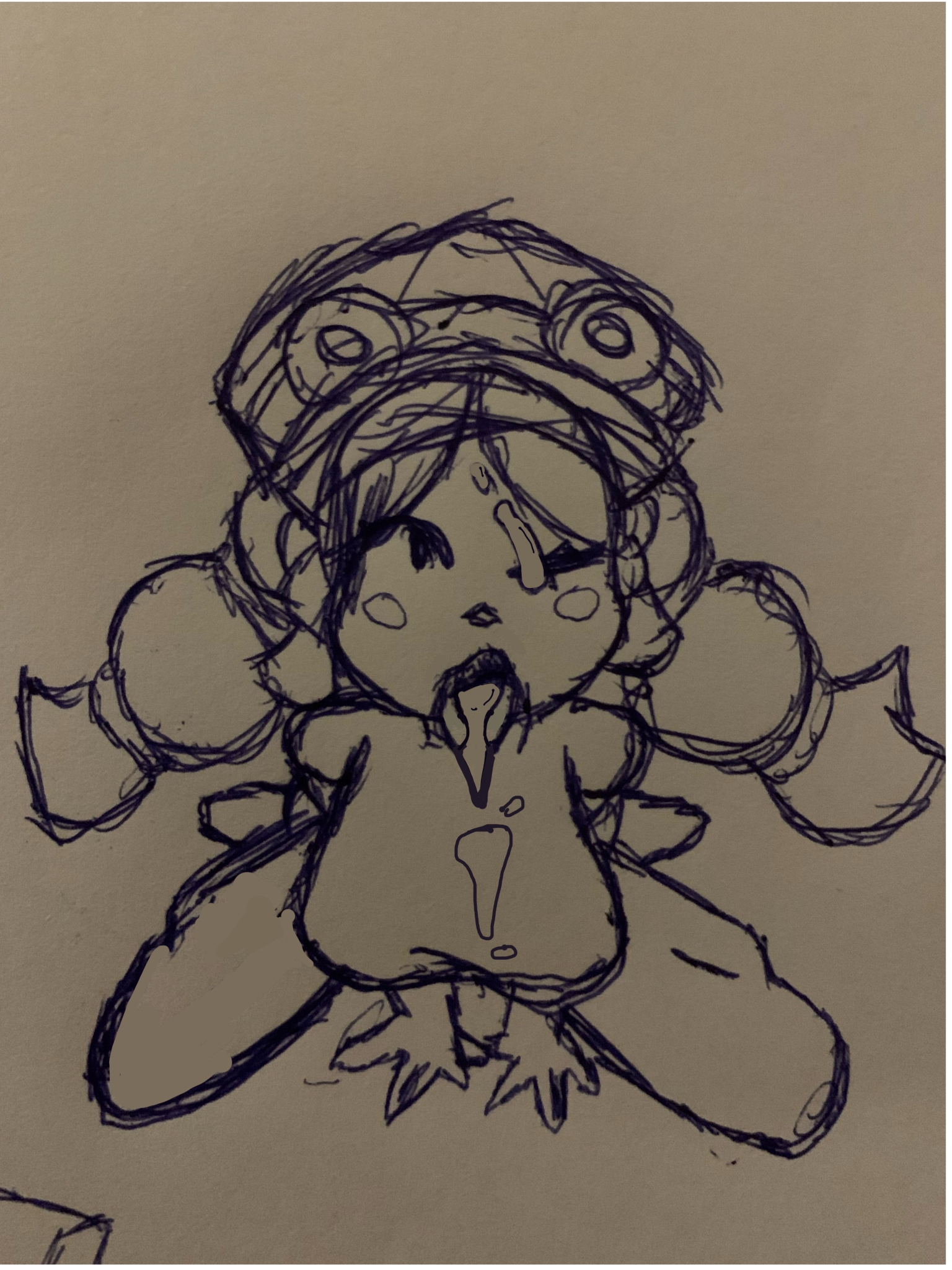 ahe gao, big ass, big breasts, black and white, brawl stars, crouching female, cum drip, cum in clothes, cum in mouth, cum inside, cum on breasts, cum on eye, cum on face, cum on tongue, doggy style, hair ribbon, hand drawn, handdrawn, handdrawn art, hands on ground, hat, jessie (brawl stars), one eye closed, one eye open, papersketch, pony tail, red hair
