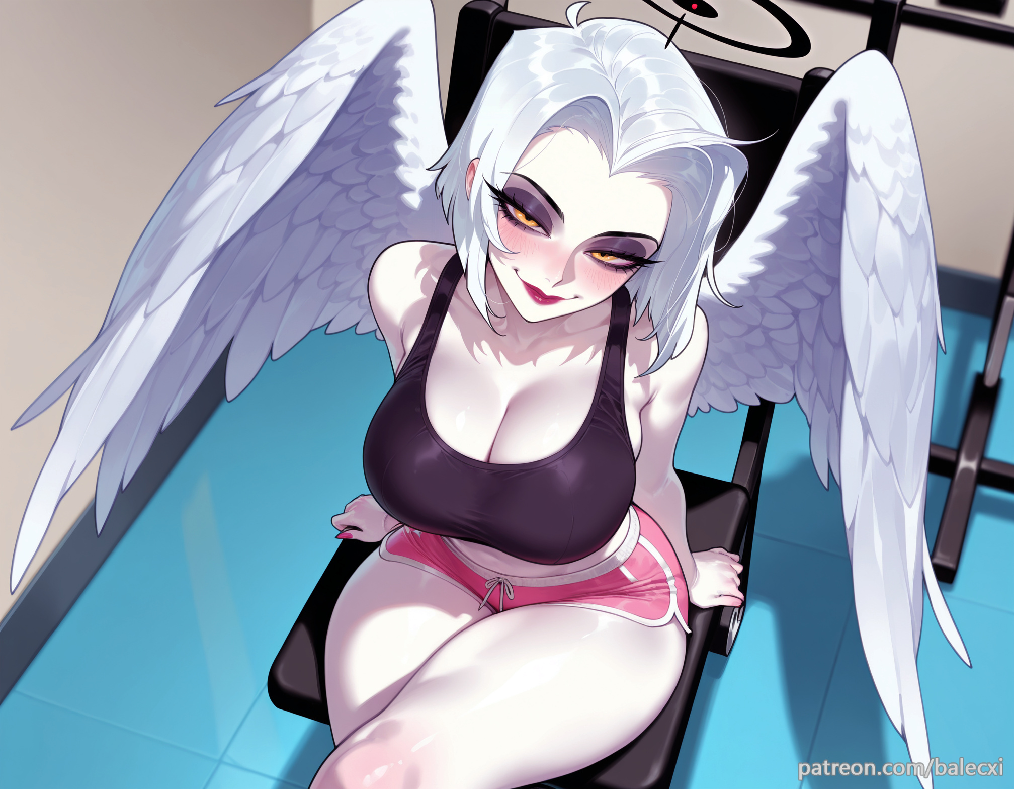 ai generated, angel wings, balecxi, black sports bra, black tank top, blush, chair, cleavage, dolphin shorts, feathered wings, female, halo, hazbin hotel, large breasts, looking at viewer, lute (hazbin hotel), patreon username, pink shorts, short shorts, sitting, smile, solo, white hair, yellow eyes