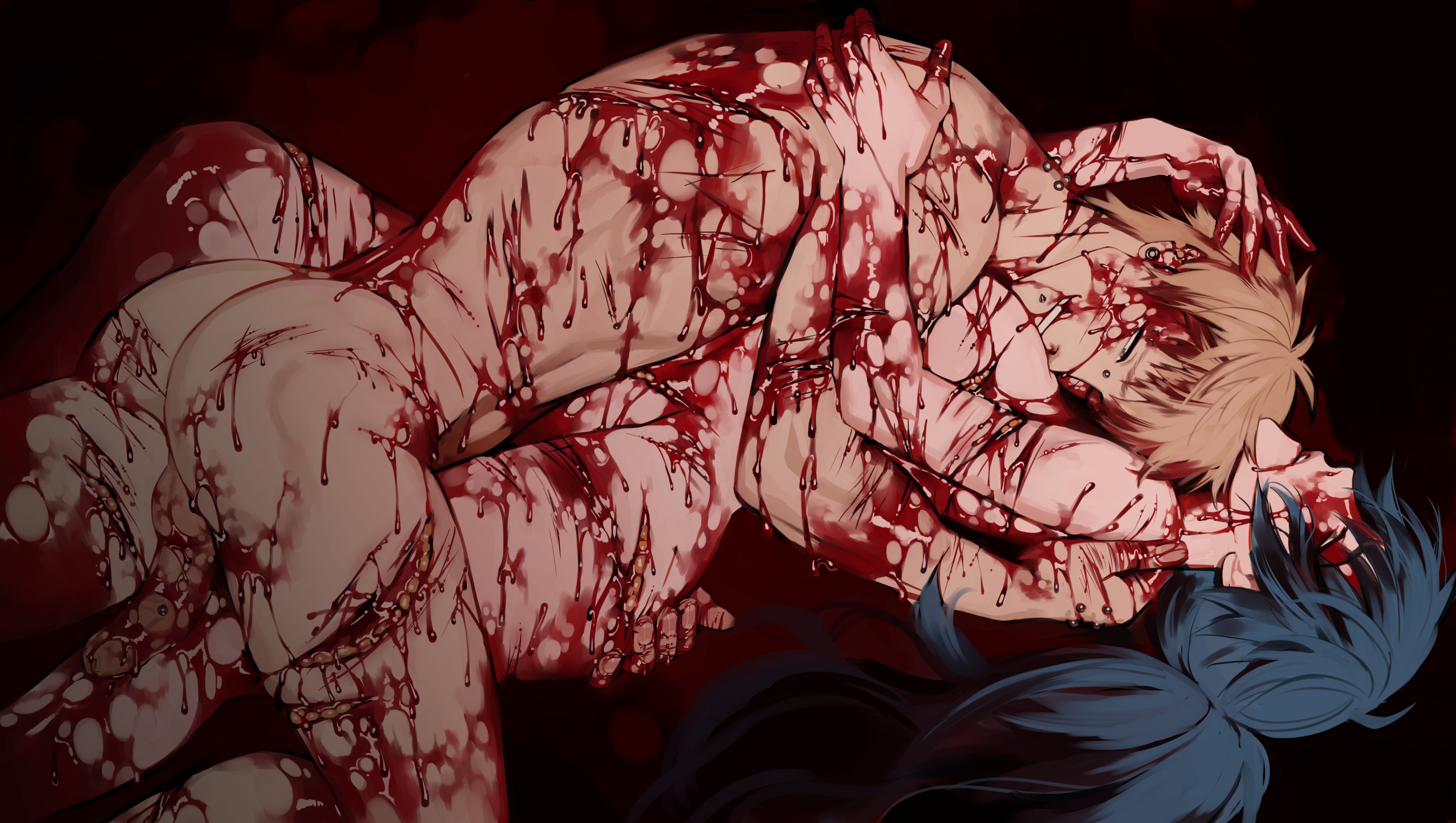 1boy1girl, aoba seragaki, backsack, balls, ballsack, big breasts, blood, blood drip, blood on face, blood splatter, blood stain, breasts bigger than head, breasts focus, breasts out, cock, dramatical murder, female, genderswap (mtf), gore, guro, huge breasts, huge cock, lacryboy, large breasts, male, male on top, missionary position, noiz (dramatical murder), penis, penis out, rule 63, scratches, straight, sucking breasts, sucking nipples, tits bigger than head, tits out