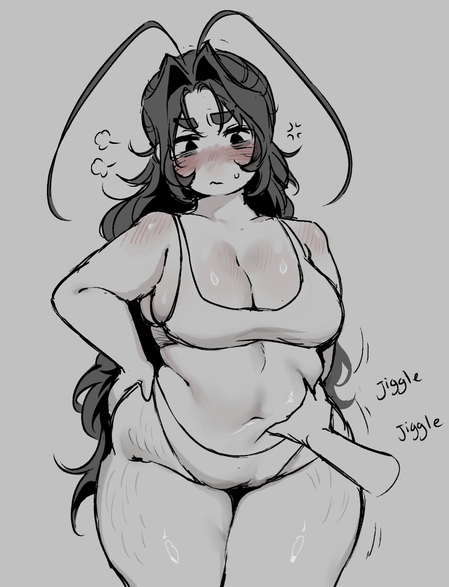 1boy, 1girl, accurate body type, angry, belly, belly grab, blush, bra, chubby, chubby female, cockroach, cockroach girl, cockroach humanoid, fat, female, jiggle, jiggle physics, kemonomimi, marblechii, roach, roach girl, solo, stretch marks
