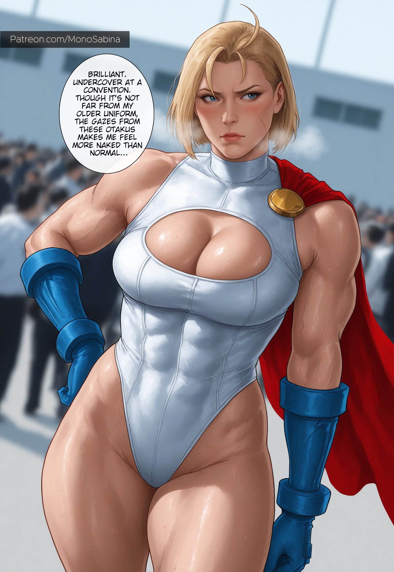 1girls, absurdres, ai generated, biceps, big ass, big breasts, boob window, breasts, cammy white, cape, convention, convention room, cosplay, crossover, crossover cosplay, curvy, dc, dc comics, female, female only, huge ass, huge breasts, leotard, milf, monosabina, muscles, muscular, muscular female, power girl, power girl (cosplay), solo, solo female, street fighter, street fighter 6, superman (series), tagme, thick, voluptuous