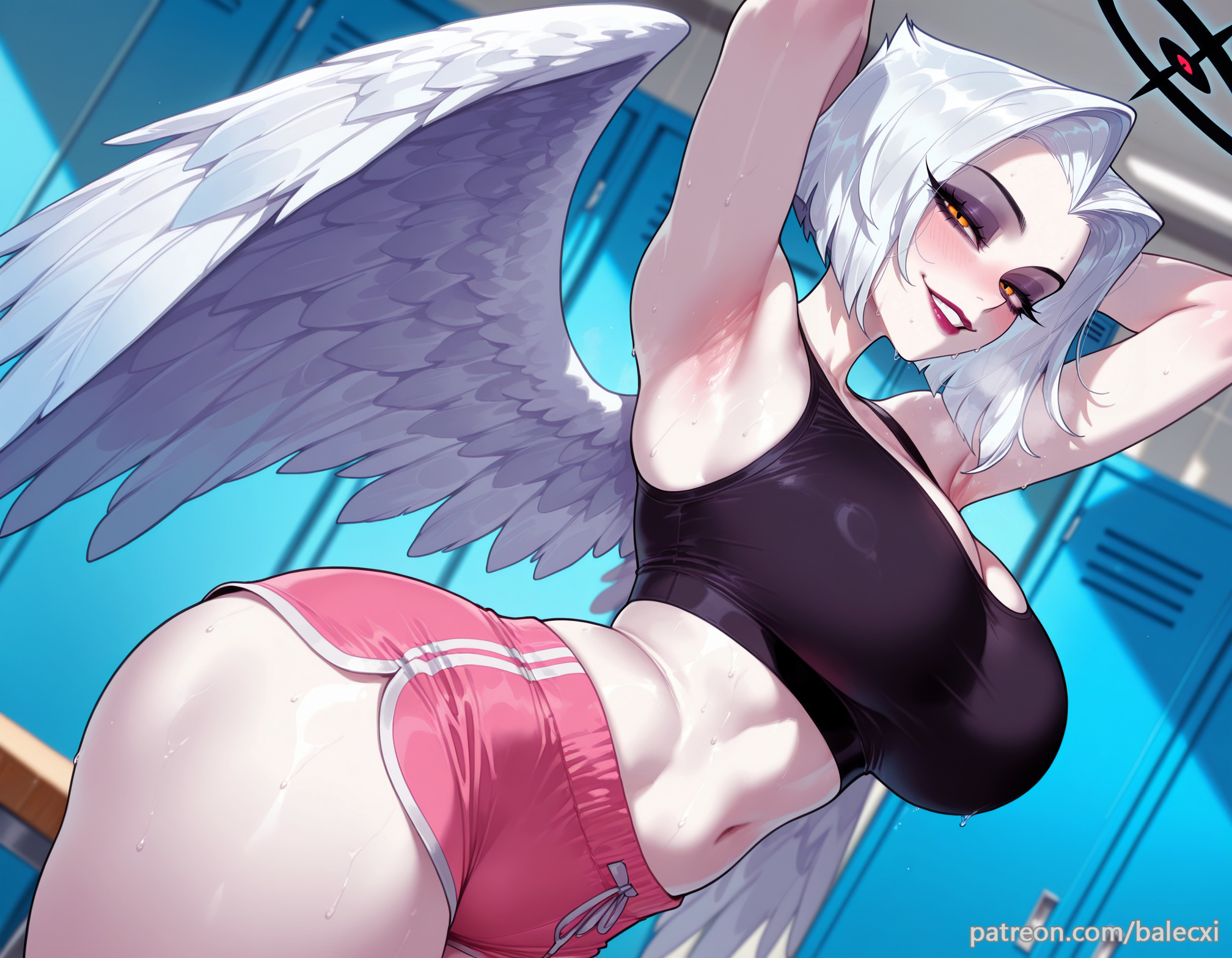 ai generated, armpits, arms behind head, arms up, balecxi, female, halo, hazbin hotel, large breasts, locker, locker room, looking at viewer, lute (hazbin hotel), navel, patreon username, pink shorts, short hair, short shorts, smile, solo, sports bra, sweat, white hair, wings