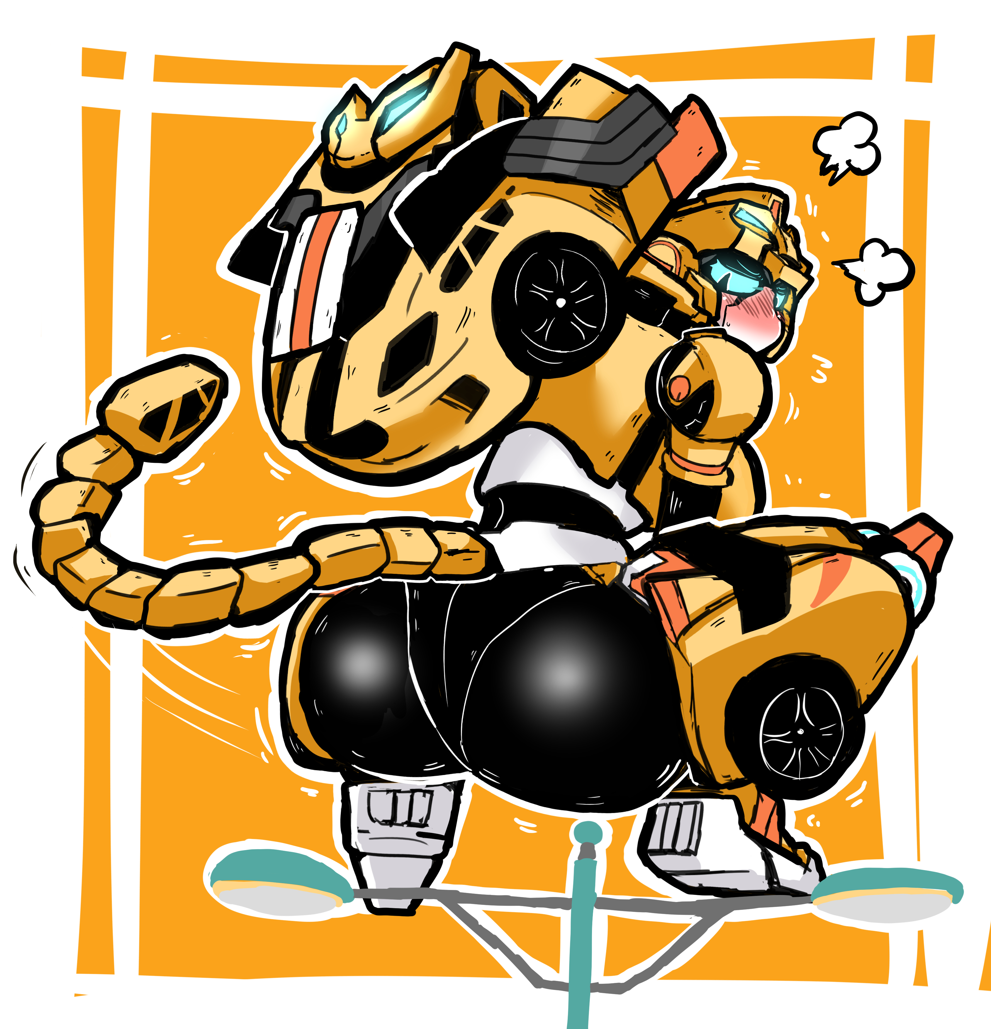 big ass, catgirl, cheetah girl, cheetah tail, huge thighs, mecha, mecha focus, mecha girl, metal cardbot, mralee, pinup, robot girl, squatting, tachi (metal cardbot), tachy (metal cardbot)