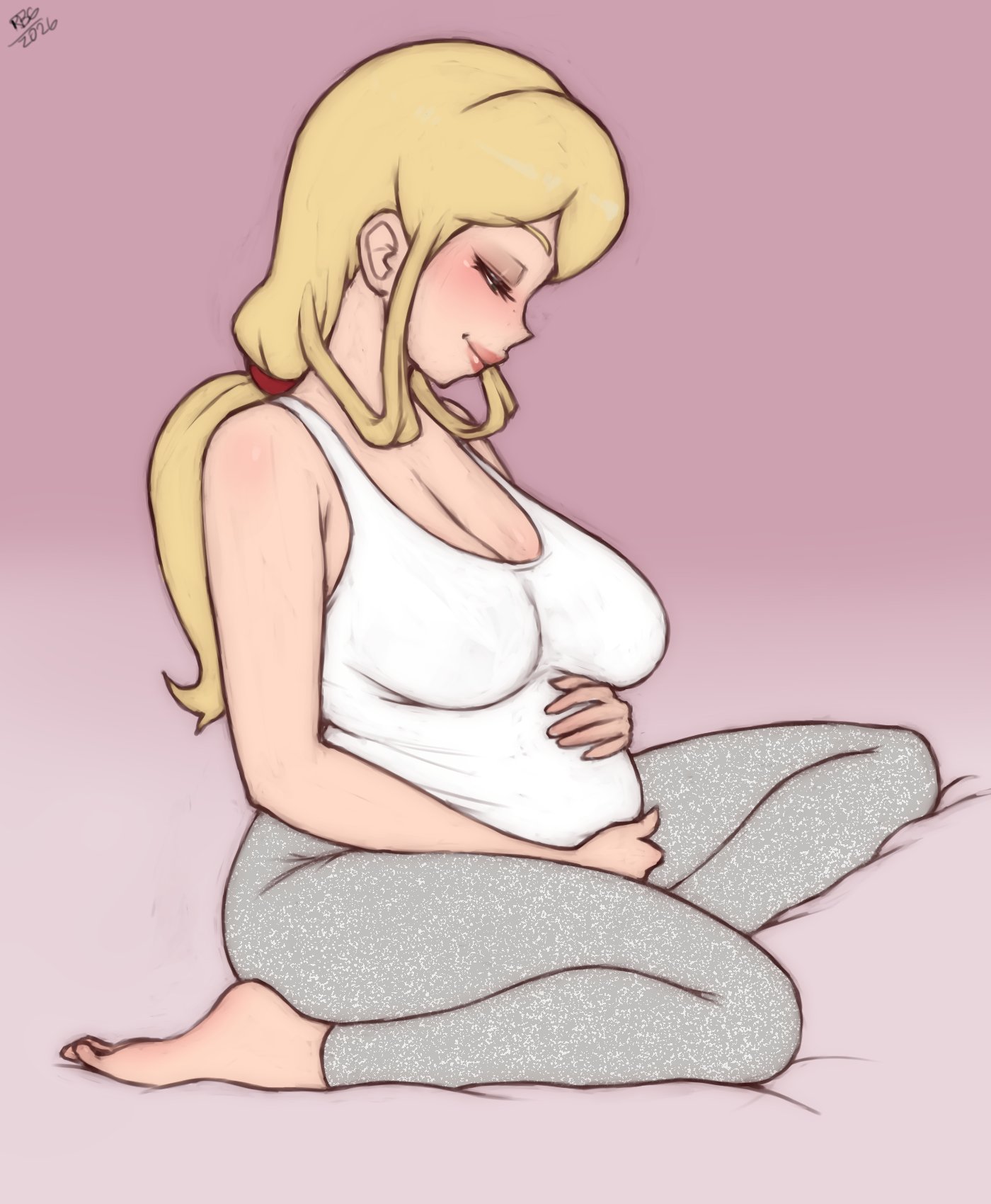 1girls, blonde hair, blush, clara lindstrom, closed eyes, clothing, female, female only, gardnerverse, hi res, long hair, pregnant, pregnant female, randomboobguy, simple background, sitting, smile, solo, tied hair, wholesome