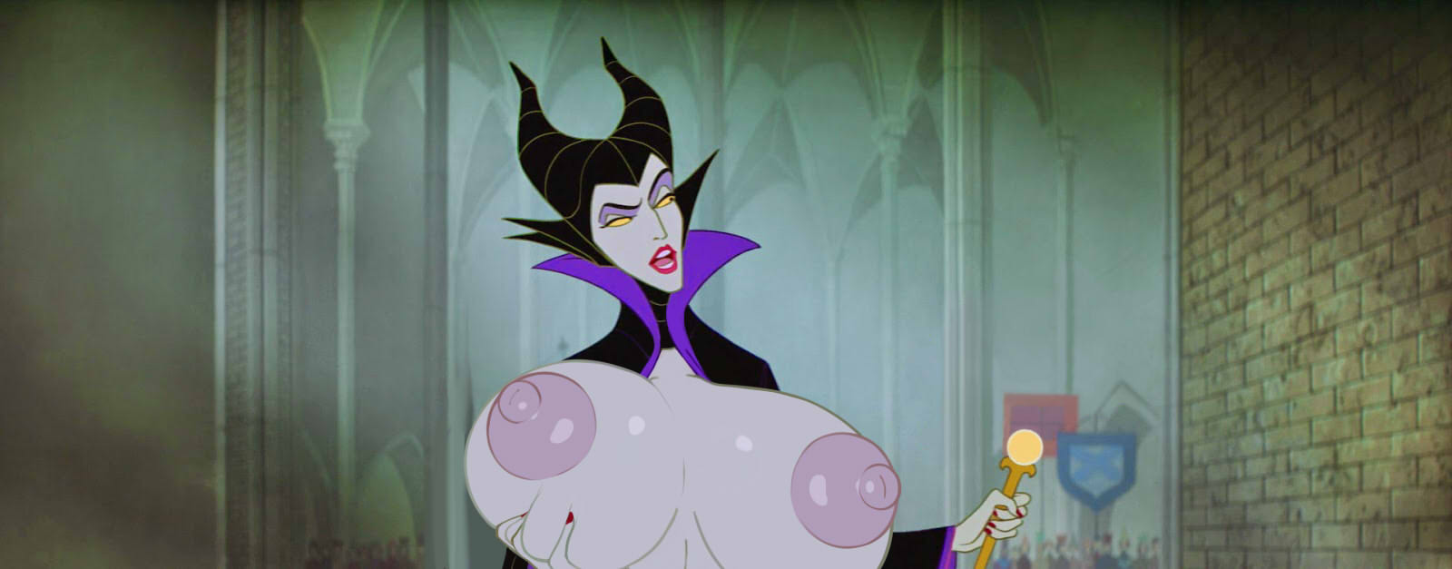 1girls, areolae, big breasts, breast squeeze, breasts, breasts out, cape, cleavage, disney, disney villains, edit, editfag, female, female only, grey skin, highres, horns, huge breasts, human, indoors, lipstick, maleficent, nipples, no bra, open mouth, presenting, presenting breasts, puffy nipples, red lipstick, screenshot, screenshot edit, shiny skin, sleeping beauty (1959 film), solo, staff, tongue, witch, yellow sclera