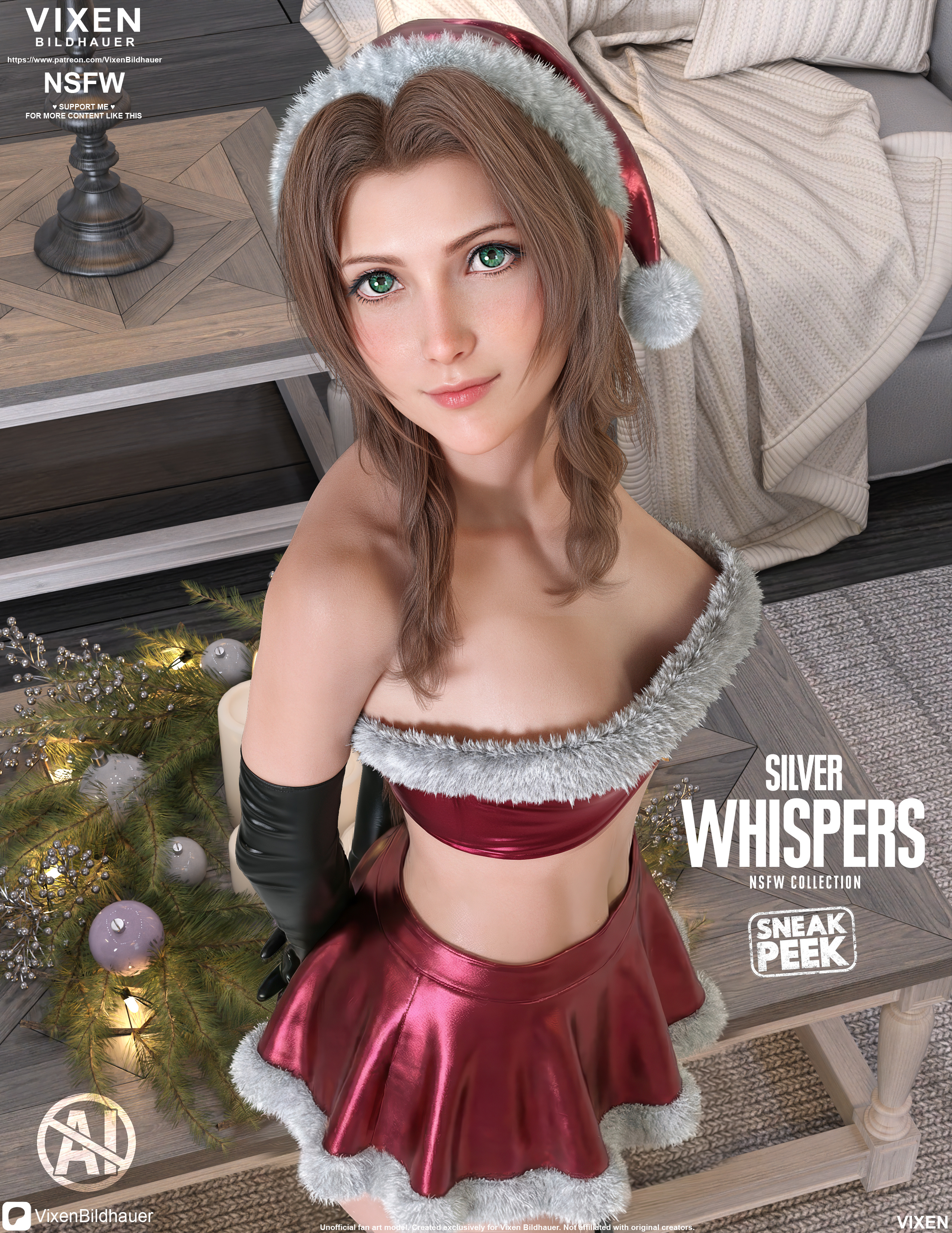1girls, 3d, 3d (artwork), 3d model, 3d render, aerith gainsborough, bandeau, big breasts, brown hair, christmas, christmas decorations, christmas outfit, christmas topwear, cleavage, elbow gloves, female, final fantasy, final fantasy vii, final fantasy vii rebirth, final fantasy vii remake, green eyes, highres, latex, latex gloves, latex legwear, latex thighhighs, long hair, looking at viewer, medium breasts, midriff, patreon, patreon username, santa hat, shiny clothes, tubetop, vixen bildhauer